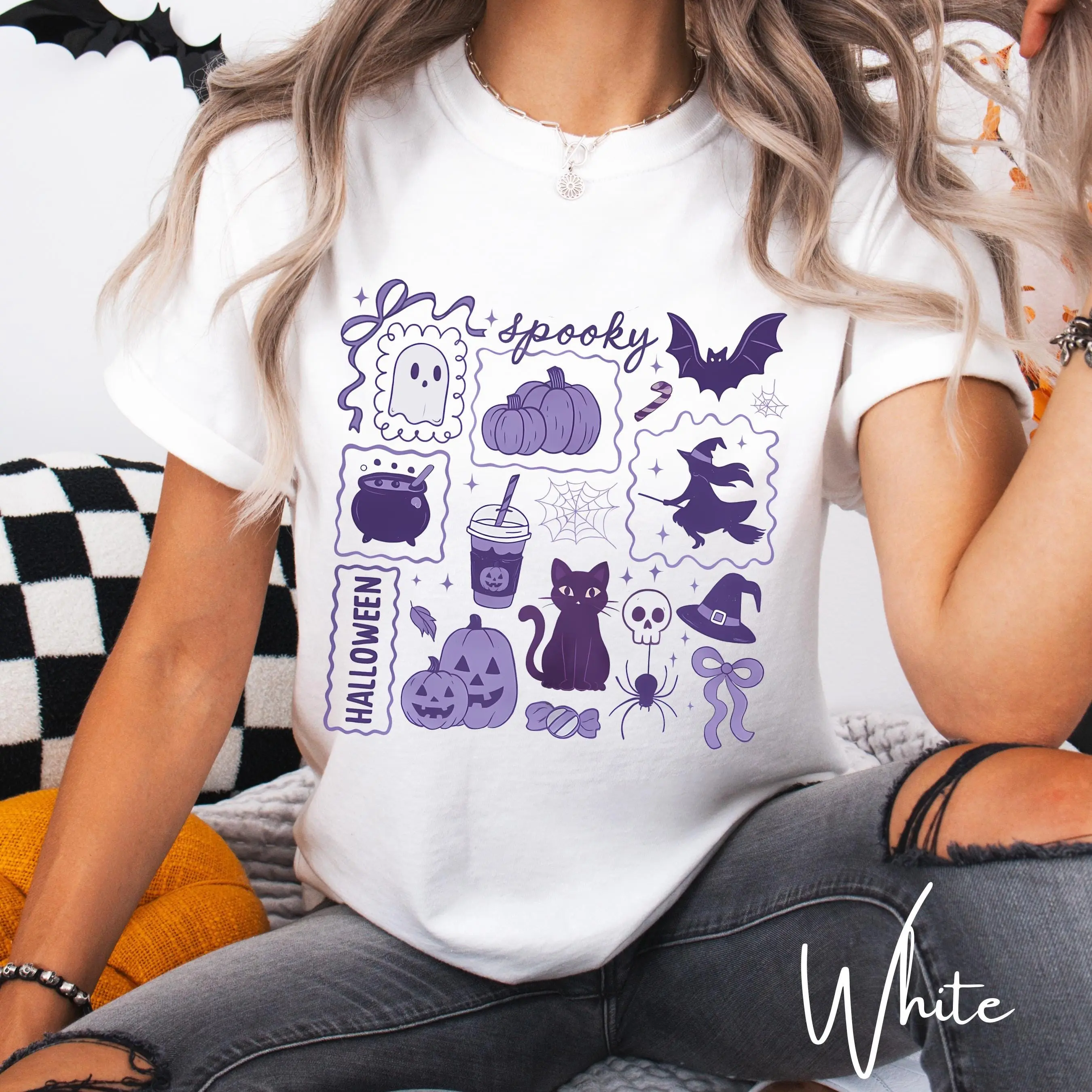 Comfort Colors 1717 Halloween Doodle T-Shirt, Witch Bat Pumpkin Cat Spooky Cute Fall Witchy Wicca Gift