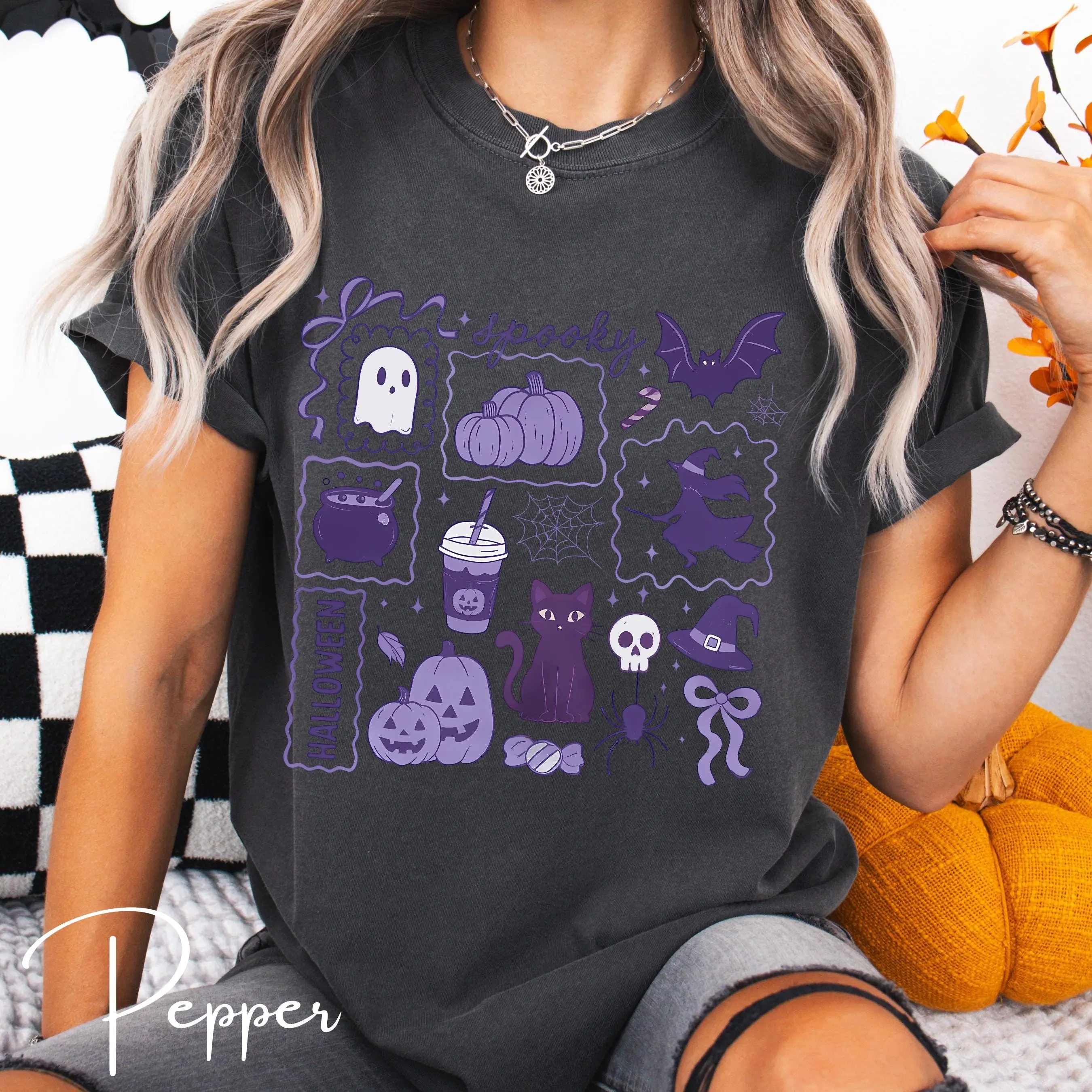 Comfort Colors 1717 Halloween Doodle T-Shirt, Witch Bat Pumpkin Cat Spooky Cute Fall Witchy Wicca Gift - photo 2