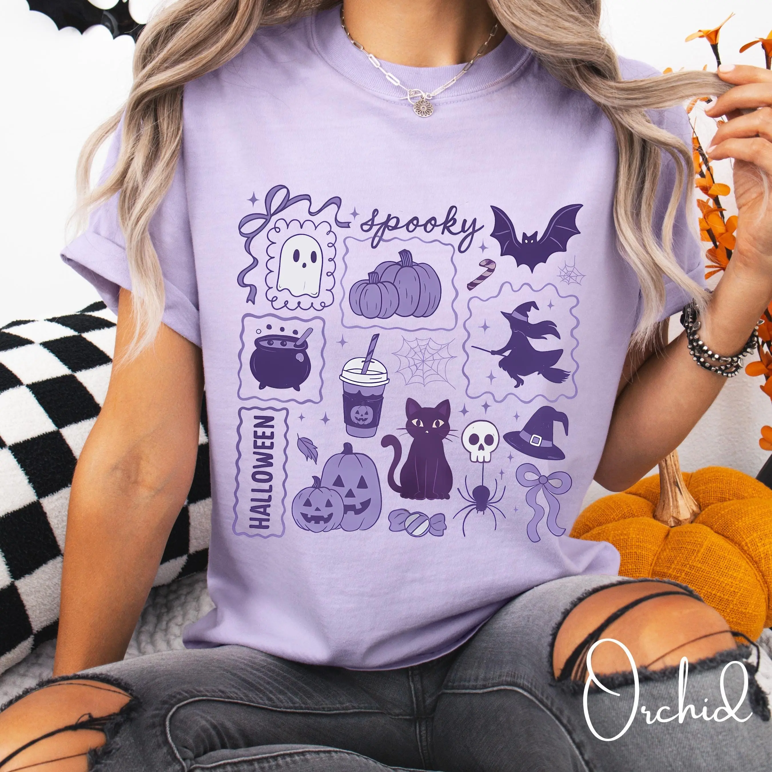 Comfort Colors 1717 Halloween Doodle T-Shirt, Witch Bat Pumpkin Cat Spooky Cute Fall Witchy Wicca Gift - photo 3