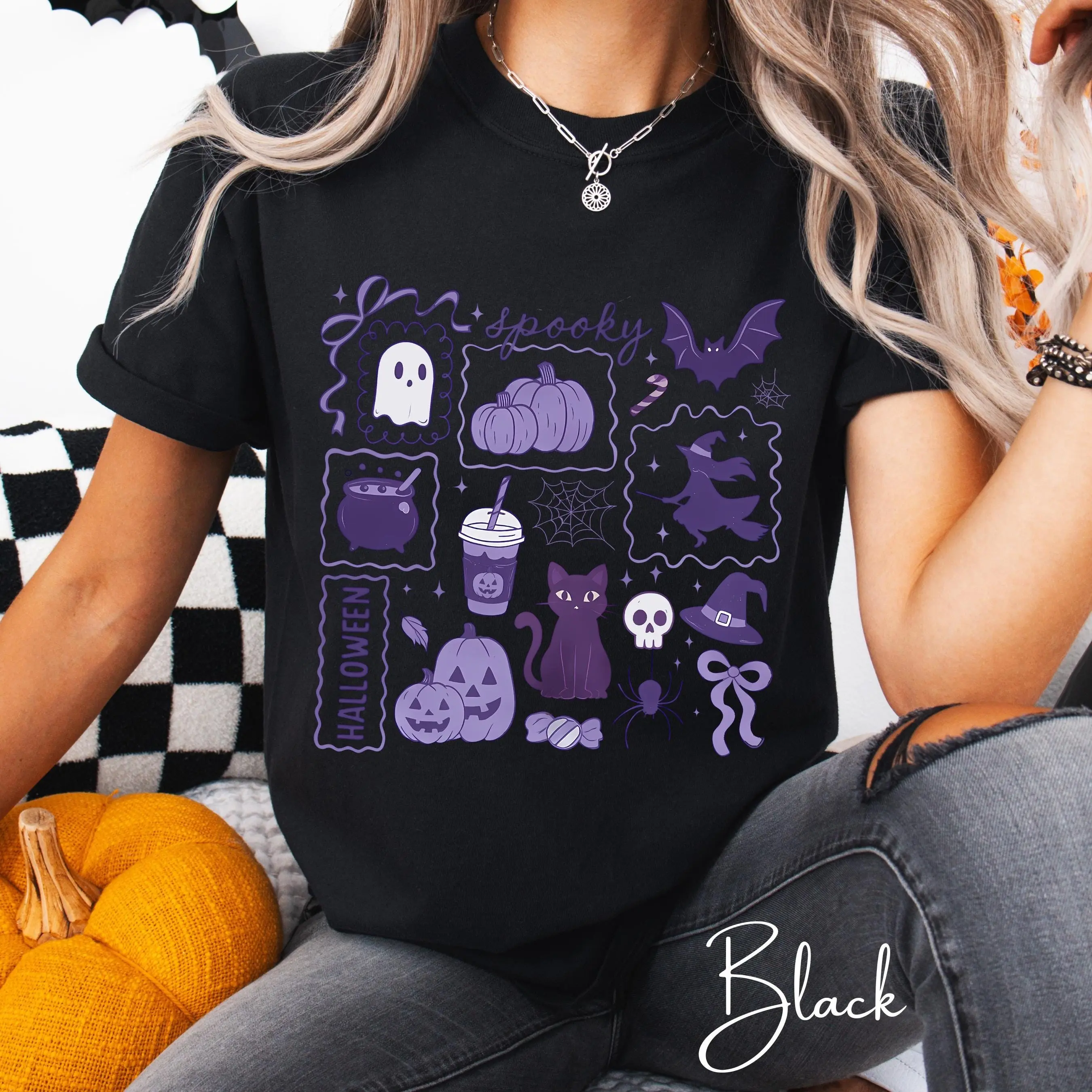 Comfort Colors 1717 Halloween Doodle T-Shirt, Witch Bat Pumpkin Cat Spooky Cute Fall Witchy Wicca Gift - photo 5