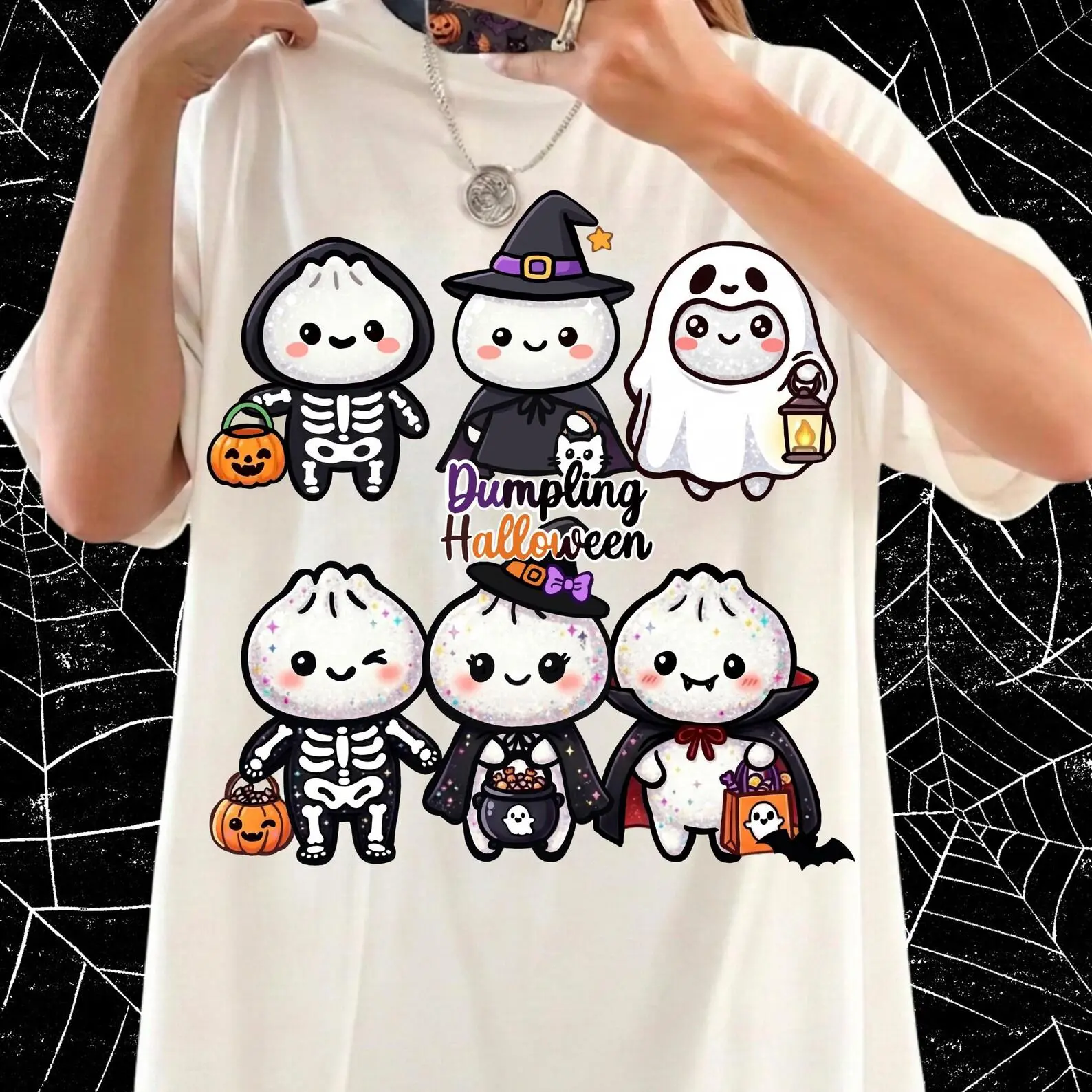 Halloween Dumpling Shirt, Kawaii Ghost Tee, Spooky Season Glitter Graphic Top - photo 2