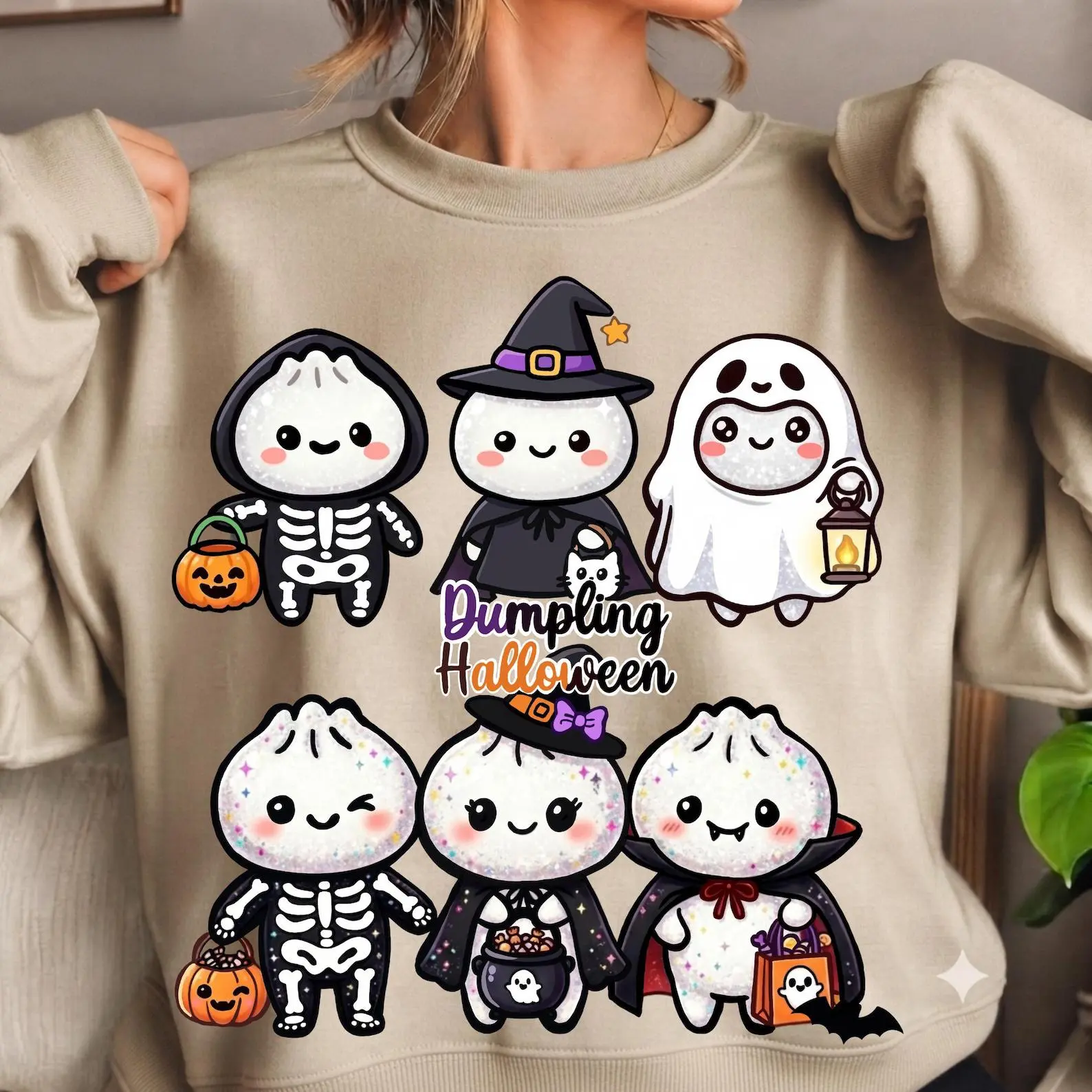 Halloween Dumpling Shirt, Kawaii Ghost Tee, Spooky Season Glitter Graphic Top - photo 3