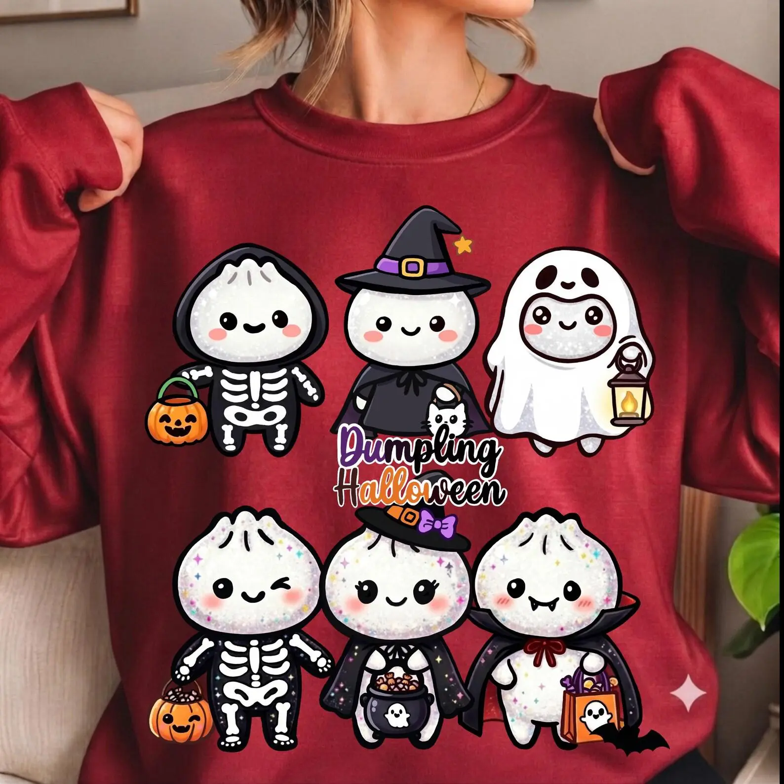Halloween Dumpling Shirt, Kawaii Ghost Tee, Spooky Season Glitter Graphic Top - photo 5
