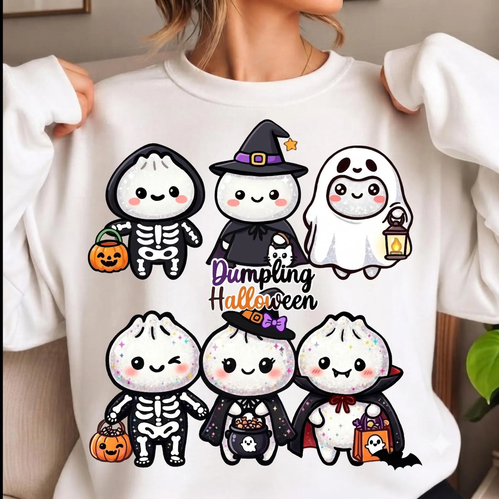 Halloween Dumpling Sweatshirt, Kawaii Ghost Crewneck, Spooky Season Glitter Graphic Top - photo 1
