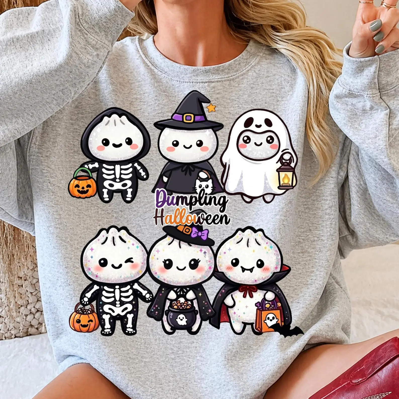 Halloween Dumpling Sweatshirt, Kawaii Ghost Crewneck, Spooky Season Glitter Graphic Top - photo 4