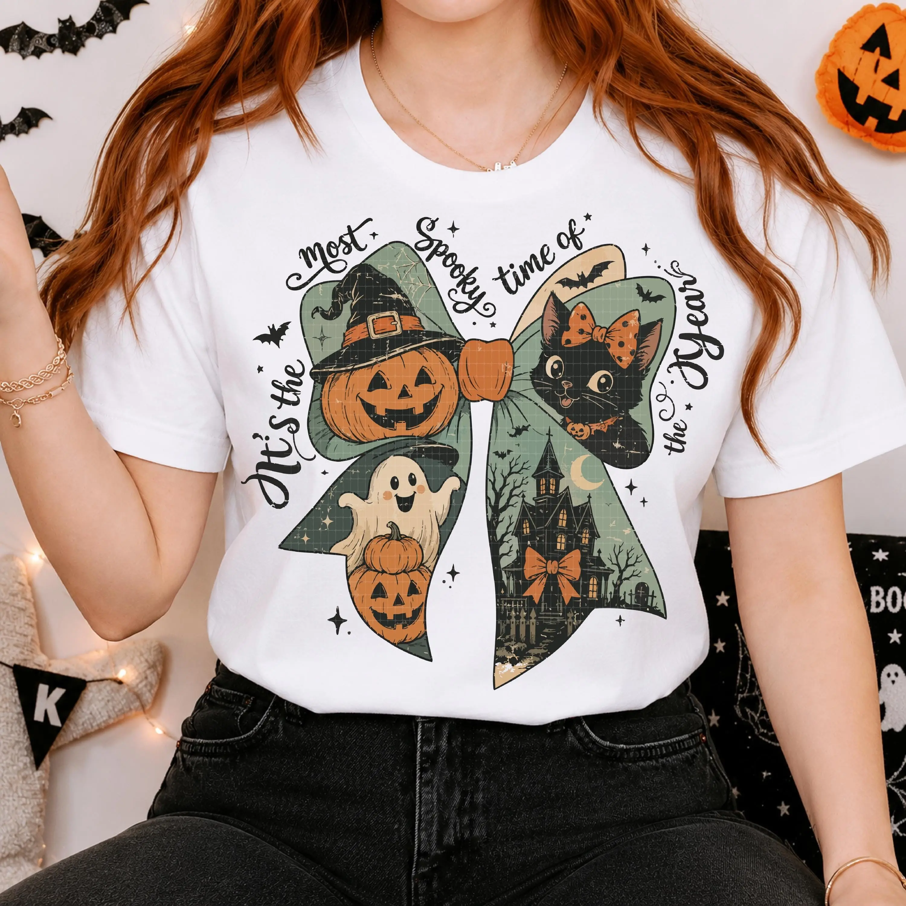Halloween Fall Coquette Bow Comfort Colors T-Shirt, It's the Most Spooky Time of the Year Tee, Vintage Pumpkin Top