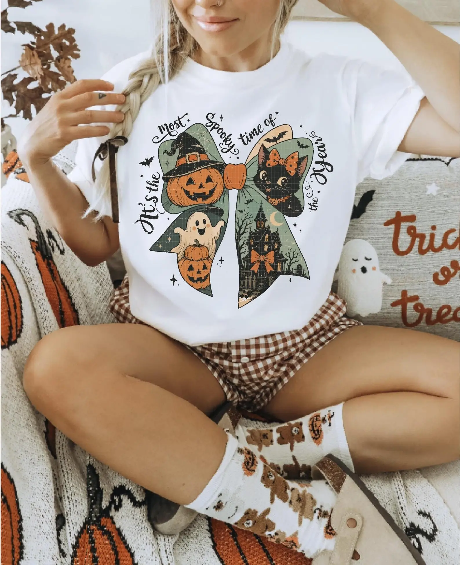 Halloween Fall Coquette Bow Comfort Colors T-Shirt, It's the Most Spooky Time of the Year Tee, Vintage Pumpkin Top - photo 5