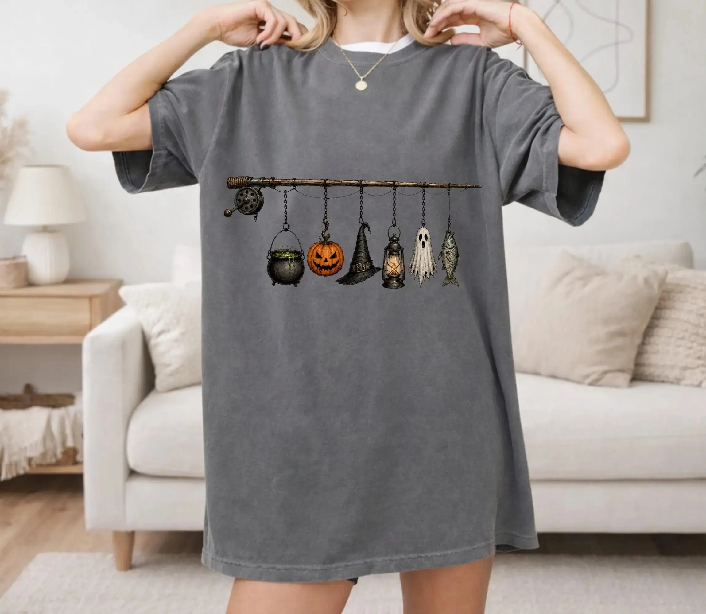 Comfort Colors Halloween Fishing Shirt for Women, Spooky Pumpkin Ghost Fisherman Fall Lover Gift Tee - photo 4