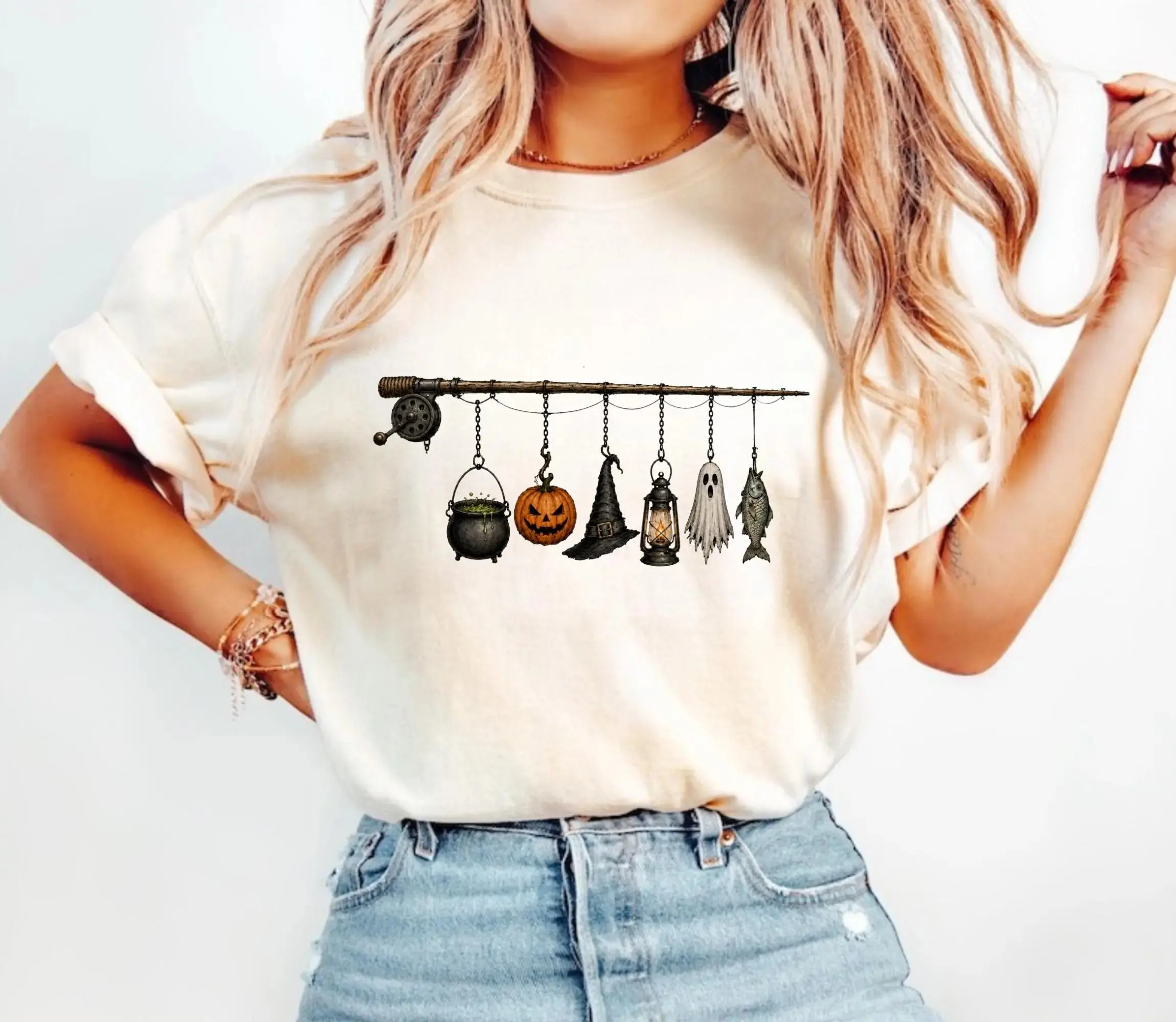 Comfort Colors Halloween Fishing Shirt for Women, Spooky Pumpkin Ghost Fisherman Fall Lover Gift Tee - photo 5