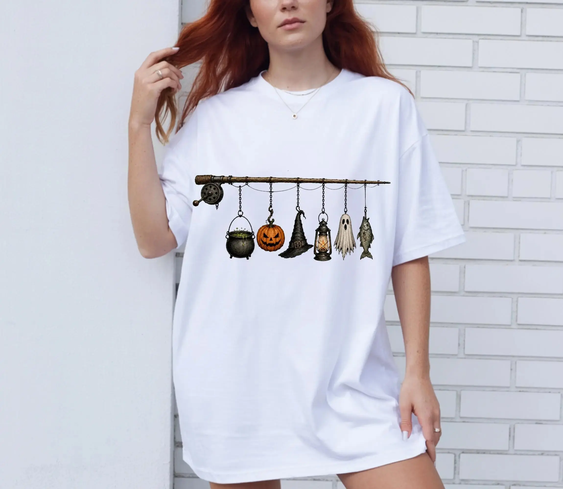 Comfort Colors Halloween Fishing Sweatshirt for Women, Spooky Pumpkin Ghost Fisherman Graphic Crewneck
