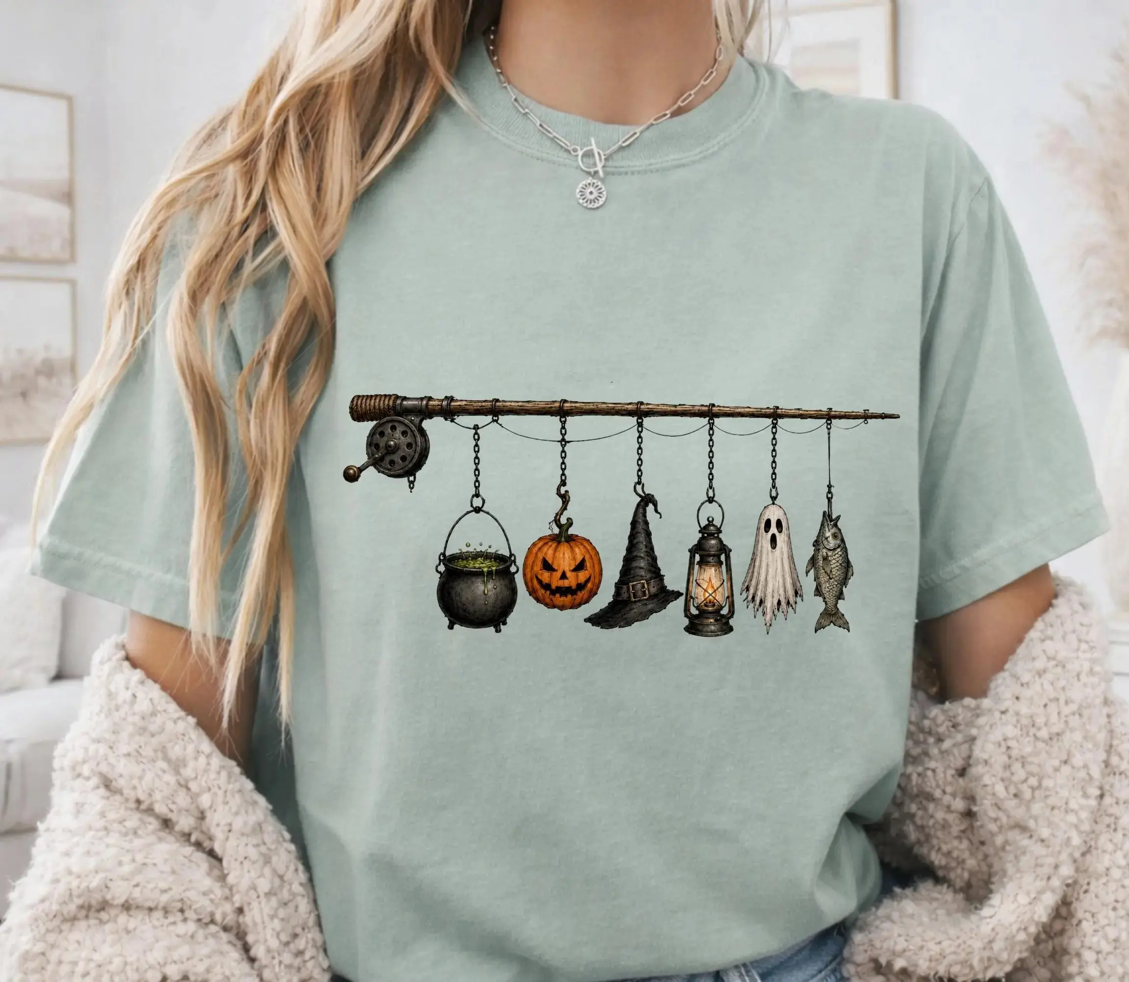 Comfort Colors Halloween Fishing Sweatshirt for Women, Spooky Pumpkin Ghost Fisherman Graphic Crewneck - photo 4