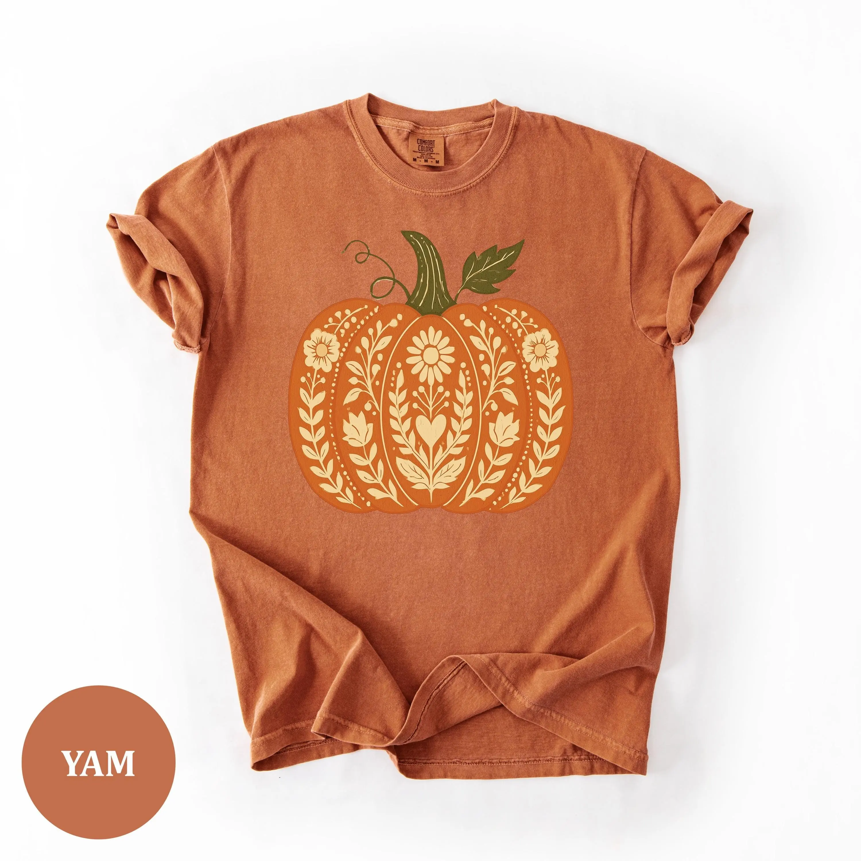 Comfort Colors 1717 Halloween Floral Folk Art Pumpkin T-Shirt for Women, Wildflower Fall Graphic Tee - photo 2