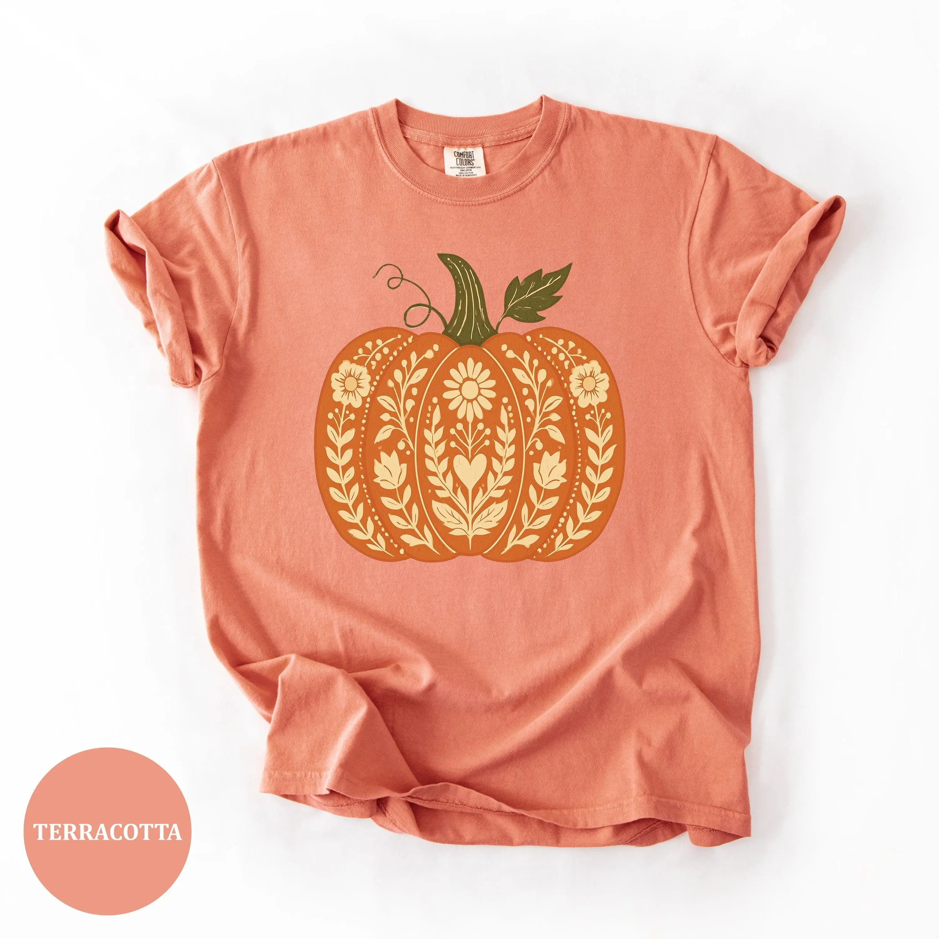 Comfort Colors 1717 Halloween Floral Folk Art Pumpkin T-Shirt for Women, Wildflower Fall Graphic Tee - photo 3