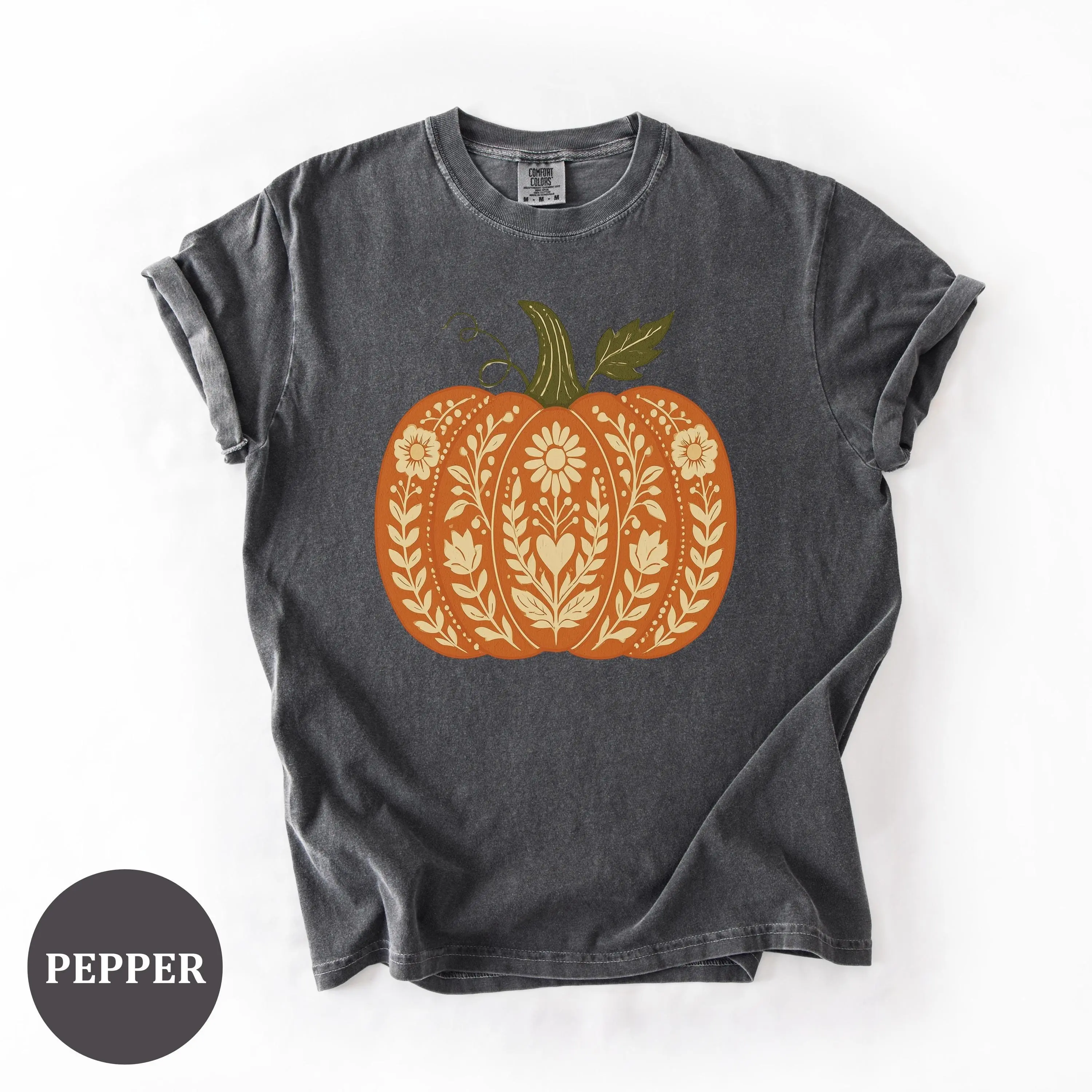 Comfort Colors 1717 Halloween Floral Folk Art Pumpkin T-Shirt for Women, Wildflower Fall Graphic Tee - photo 4