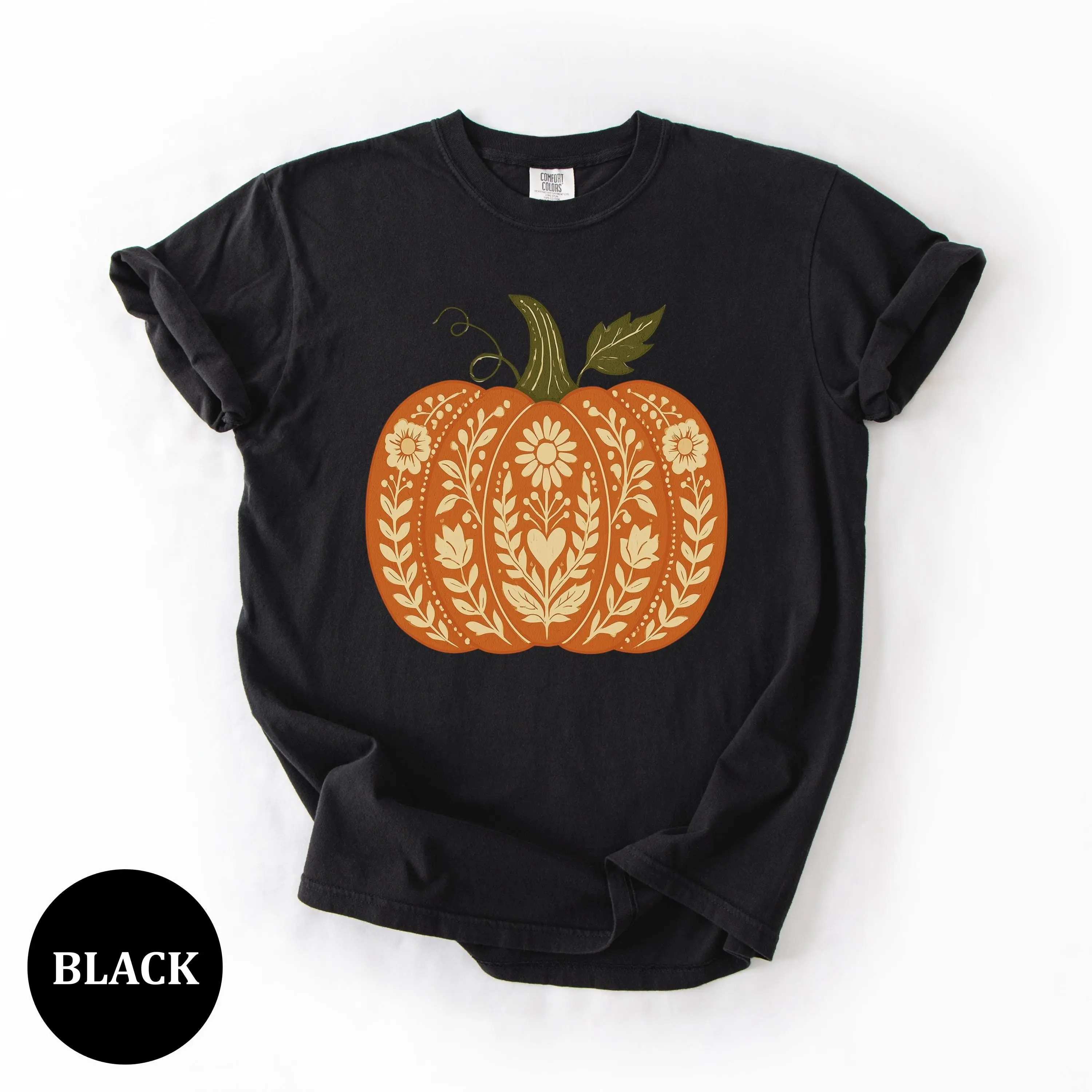 Comfort Colors 1717 Halloween Floral Folk Art Pumpkin T-Shirt for Women, Wildflower Fall Graphic Tee - photo 5