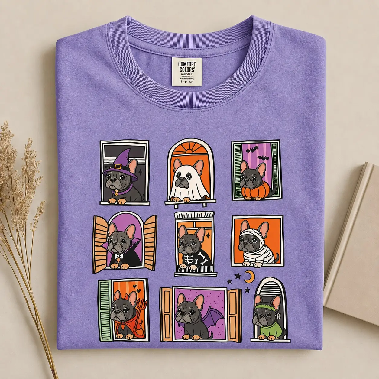 Halloween French Bulldog Shirt, Cute Frenchie Costume Graphic Tee for Women, Spooky Dog Mom Gift, Casual Short Sleeve Top - photo 2