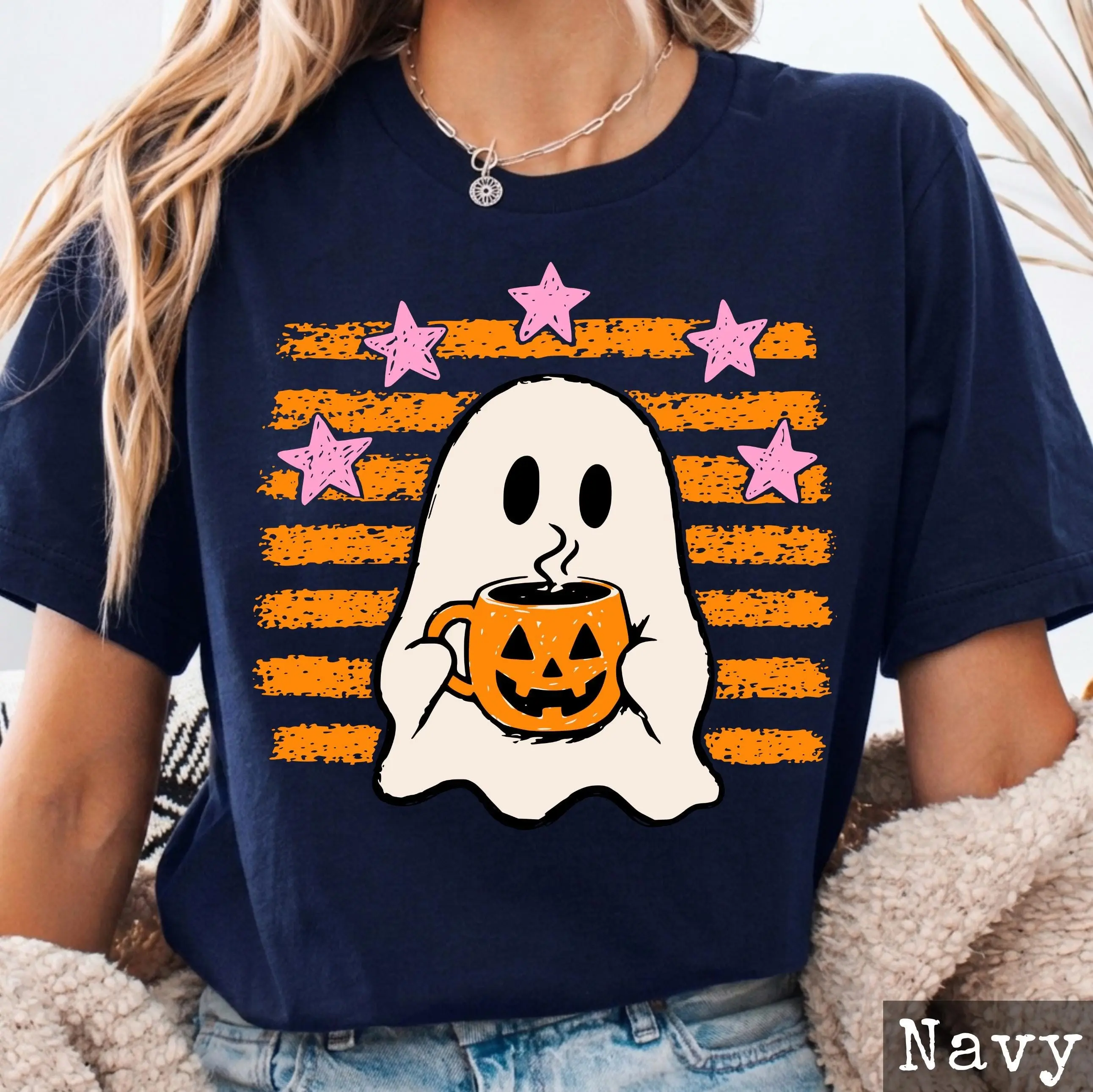 Halloween Ghost Coffee Shirt for Women, Cute Pumpkin Mug Tee, Spooky Summerween Fall Graphic Top, Latte Lover Gift