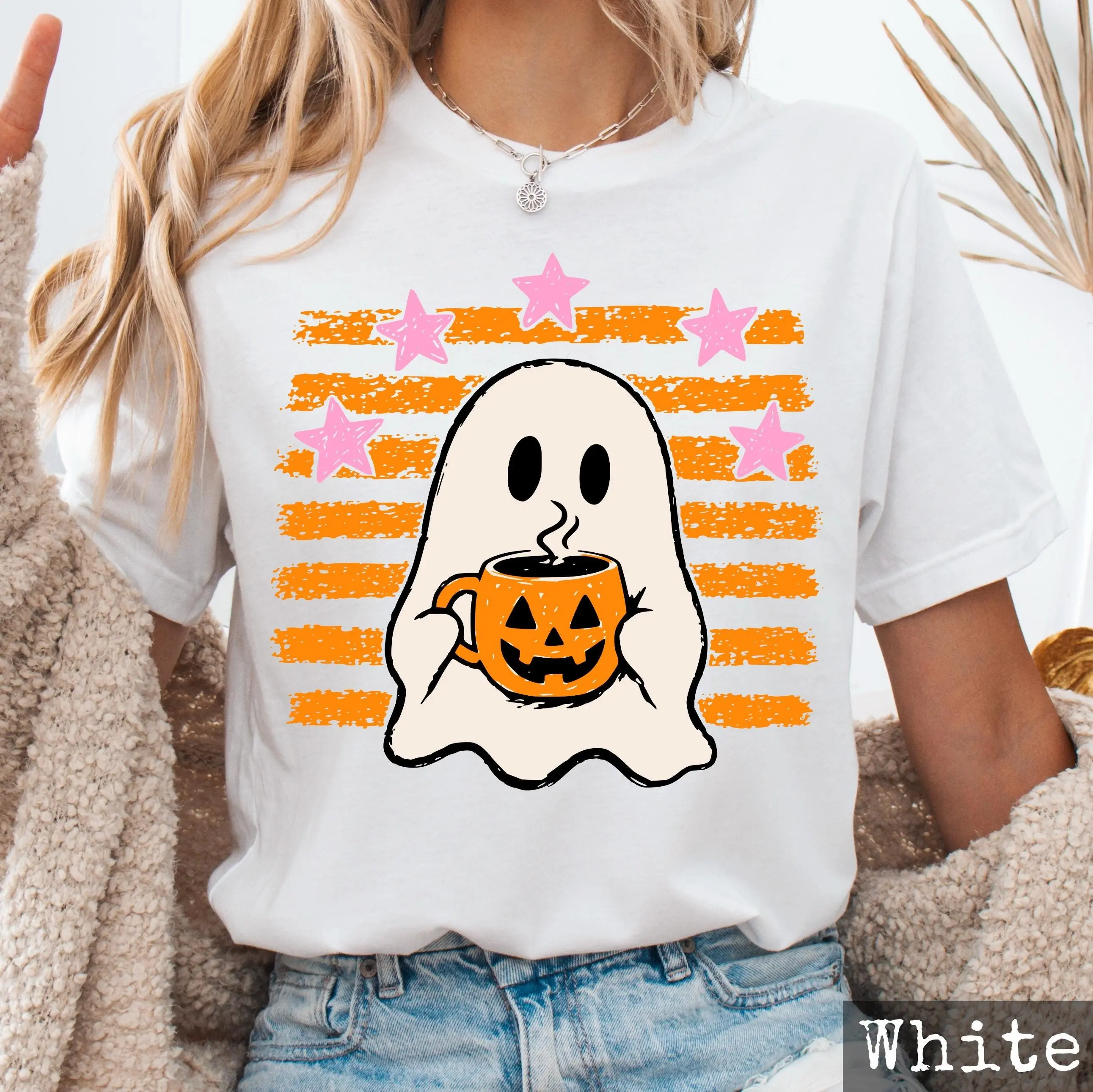 Halloween Ghost Coffee Shirt for Women, Cute Pumpkin Mug Tee, Spooky Summerween Fall Graphic Top, Latte Lover Gift - photo 2