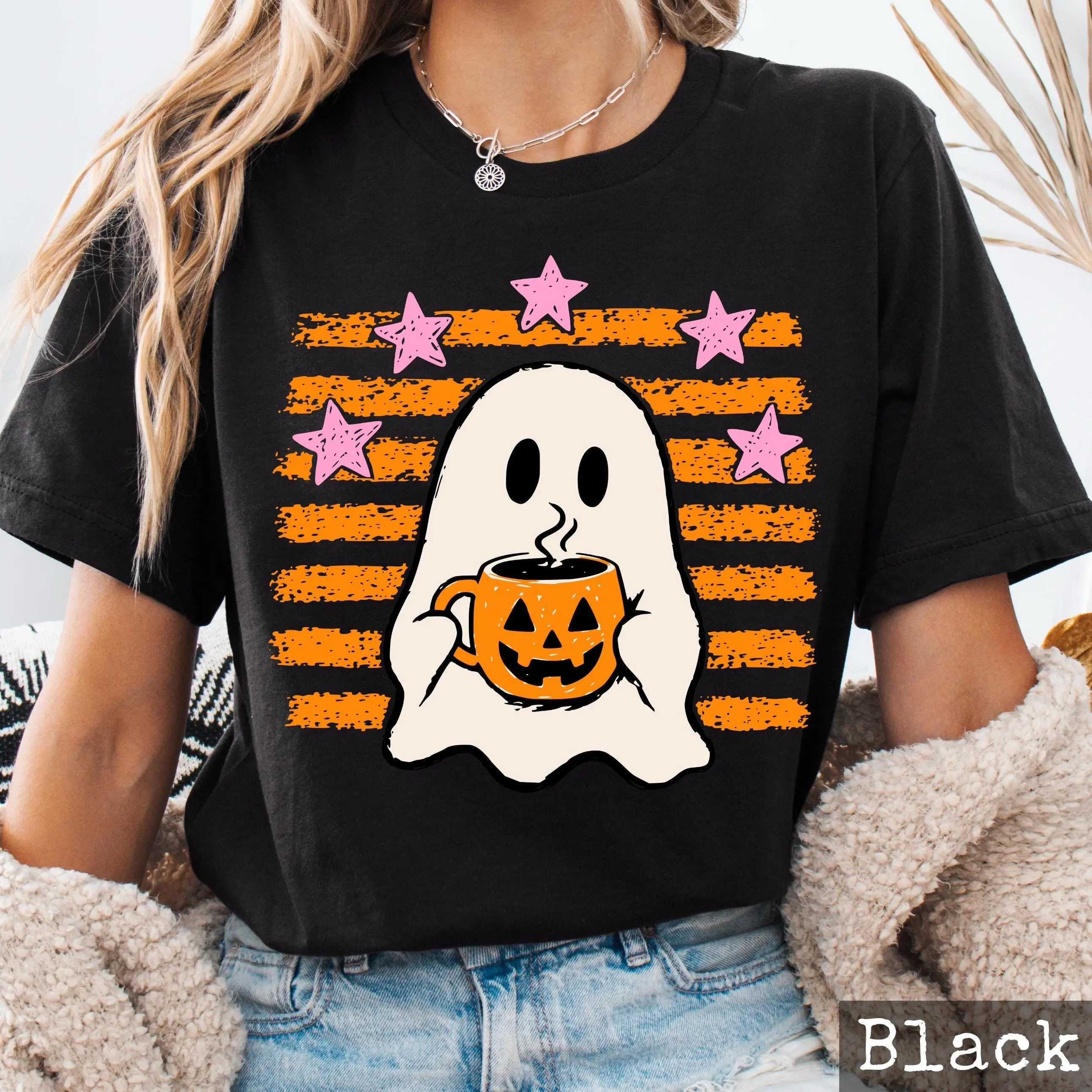 Halloween Ghost Coffee Shirt for Women, Cute Pumpkin Mug Tee, Spooky Summerween Fall Graphic Top, Latte Lover Gift - photo 3