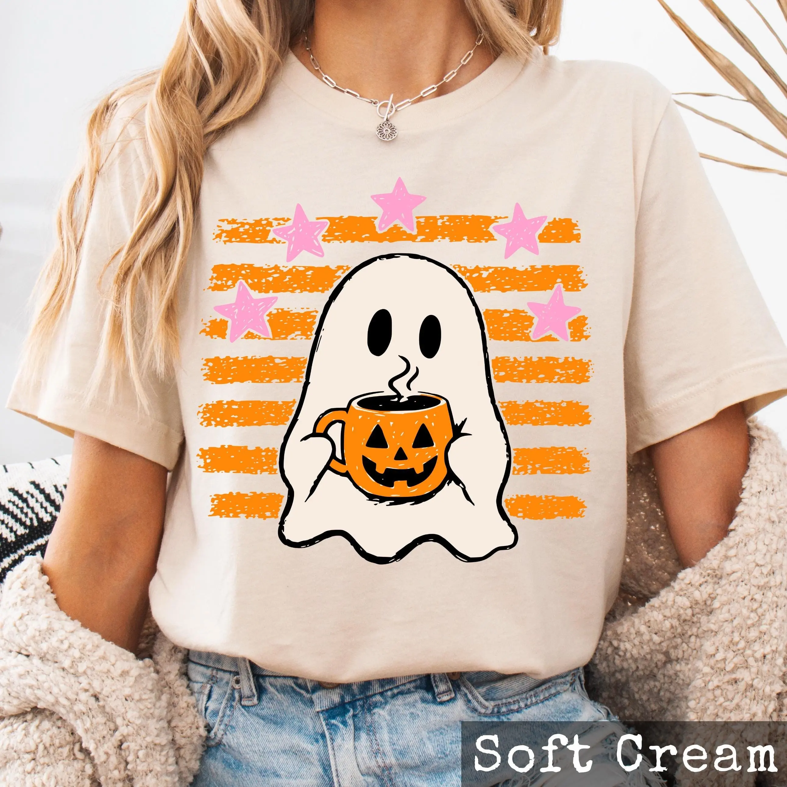 Halloween Ghost Coffee Shirt for Women, Cute Pumpkin Mug Tee, Spooky Summerween Fall Graphic Top, Latte Lover Gift - photo 4