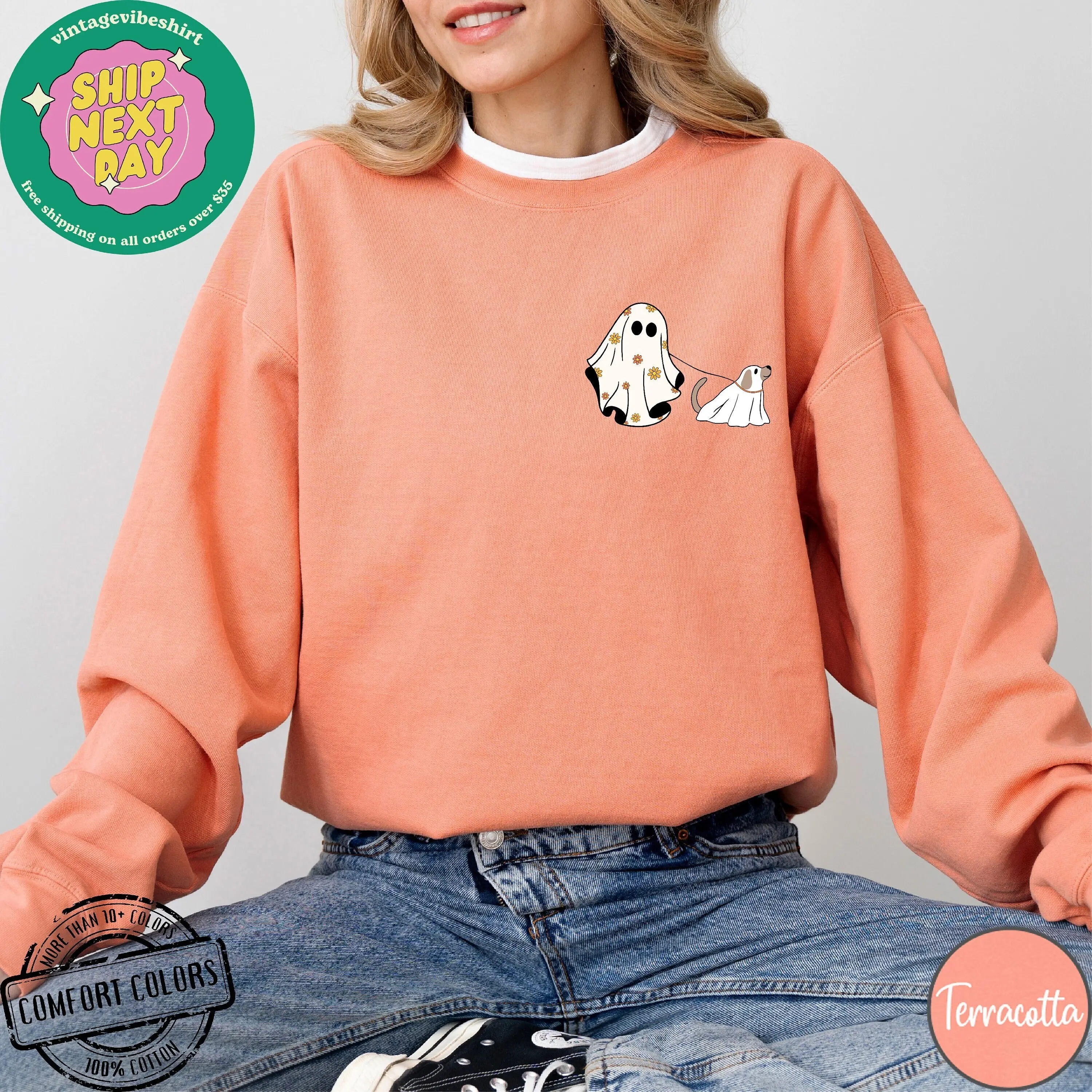 Comfort Colors Halloween Ghost Dog Shirt, Cute Fall Spooky Season Graphic Tee For Women - photo 2
