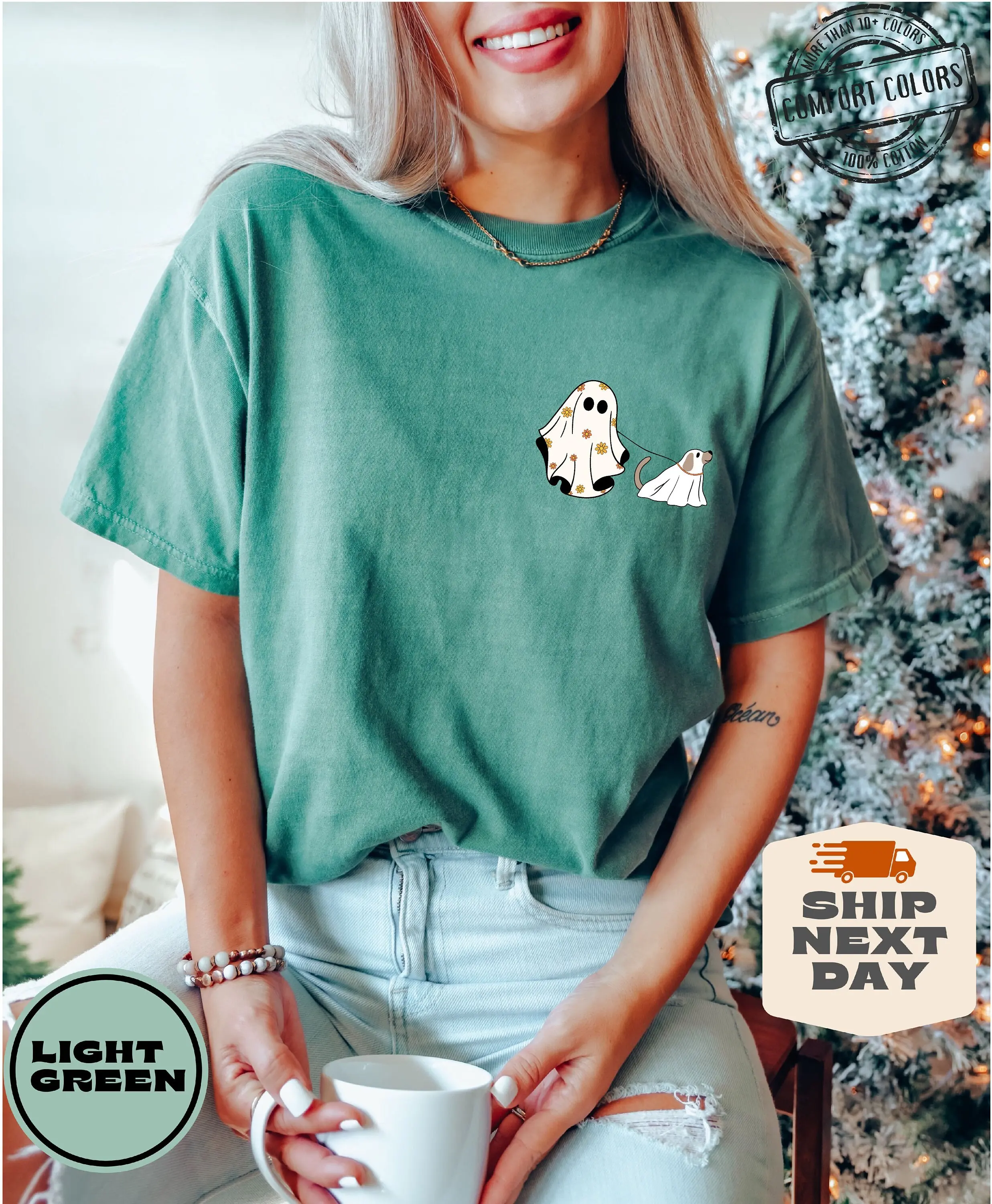 Comfort Colors Halloween Ghost Dog Shirt, Cute Fall Spooky Season Graphic Tee For Women - photo 4