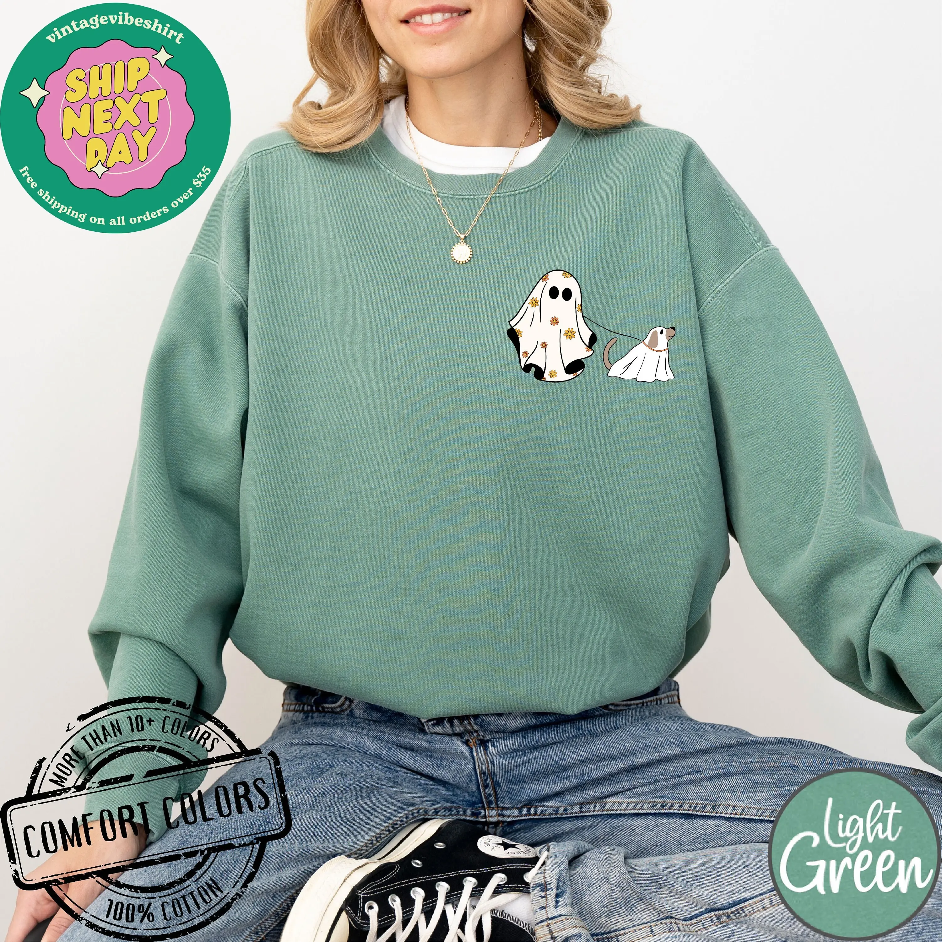 Comfort Colors Halloween Ghost Dog Sweatshirt, Cute Fall Spooky Season Top For Women - photo 3