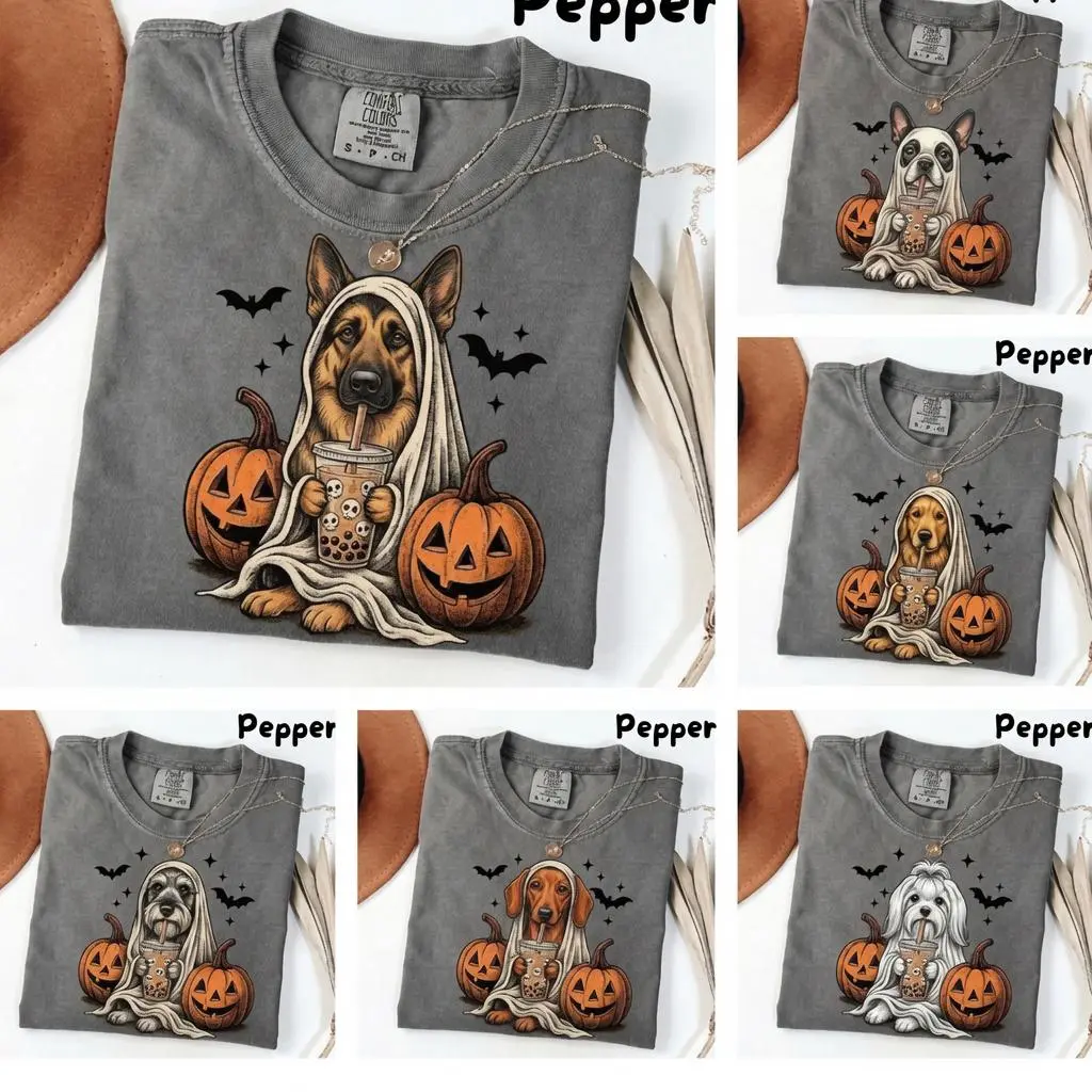 Halloween Ghost Dog Shirt, Cute Retro Spooky Season Outfit Graphic Tee Gift for Pet Lovers
