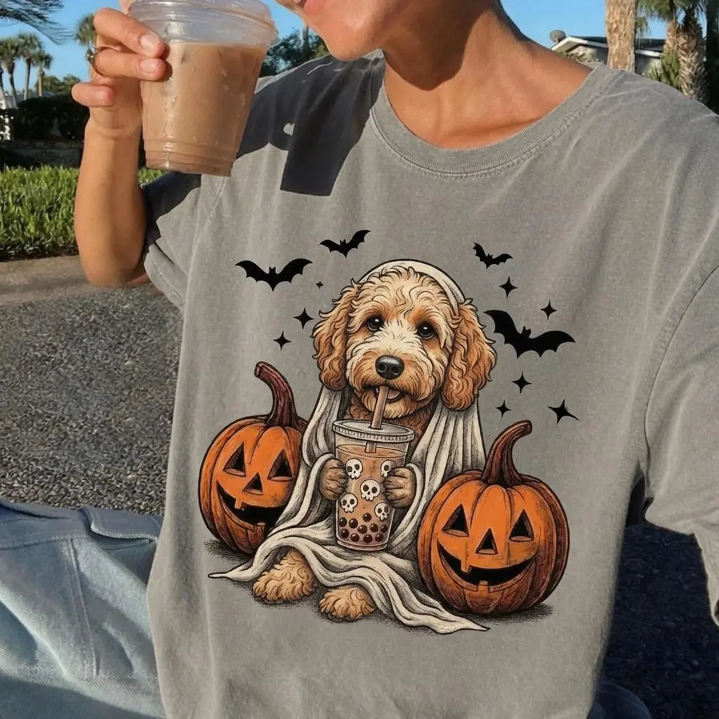 Halloween Ghost Dog Shirt, Cute Retro Spooky Season Outfit Graphic Tee Gift for Pet Lovers - photo 2