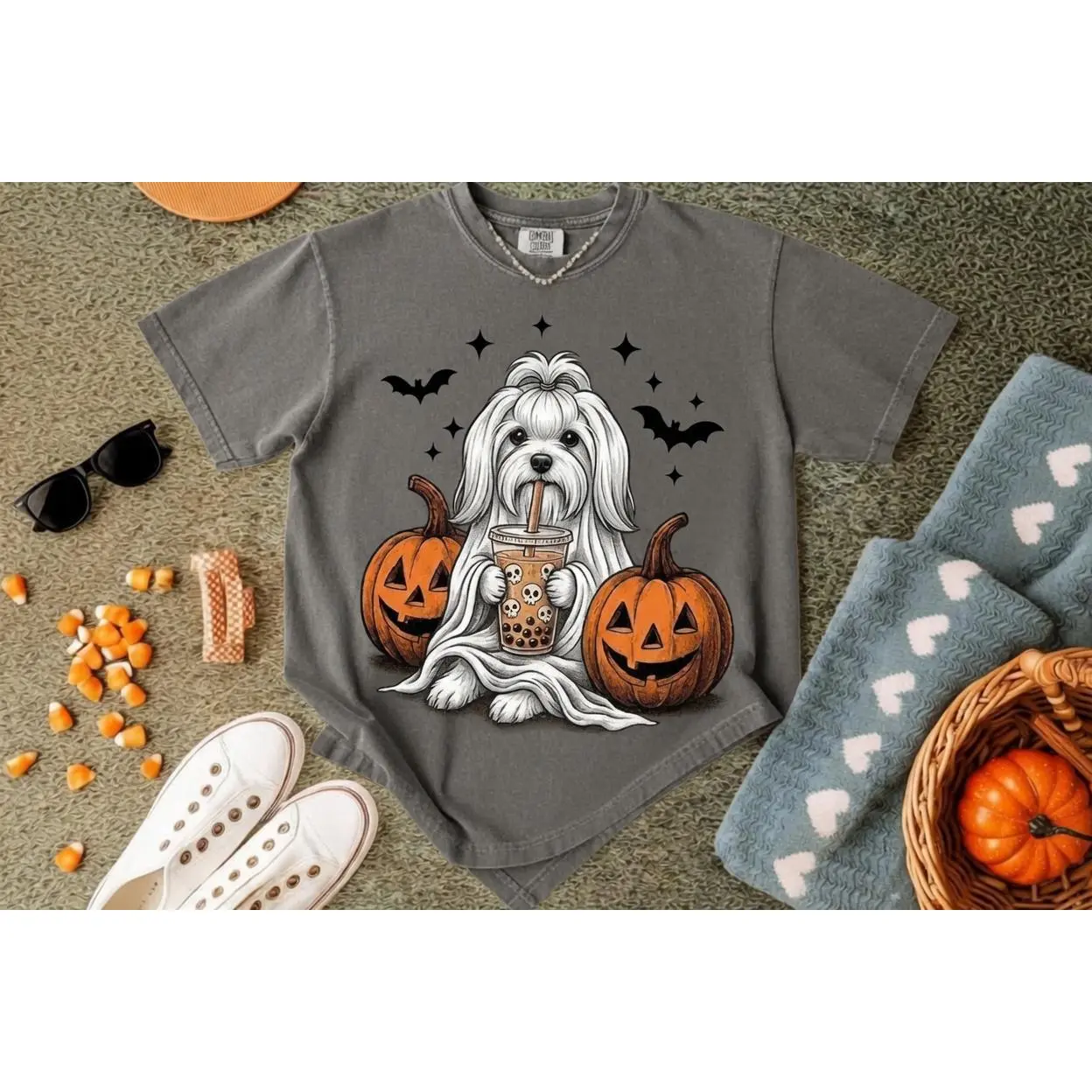 Halloween Ghost Dog Shirt, Cute Retro Spooky Season Outfit Graphic Tee Gift for Pet Lovers - photo 3