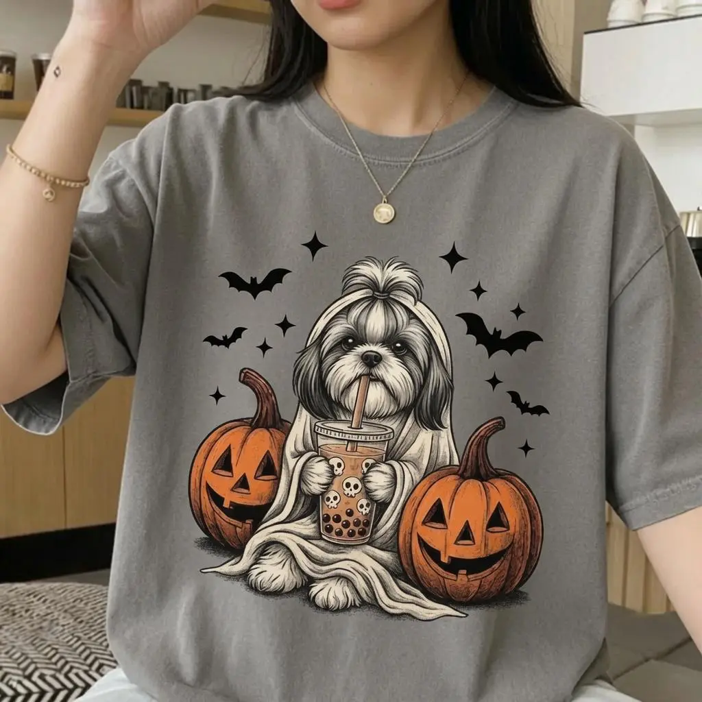 Halloween Ghost Dog Shirt, Cute Retro Spooky Season Outfit Graphic Tee Gift for Pet Lovers - photo 4