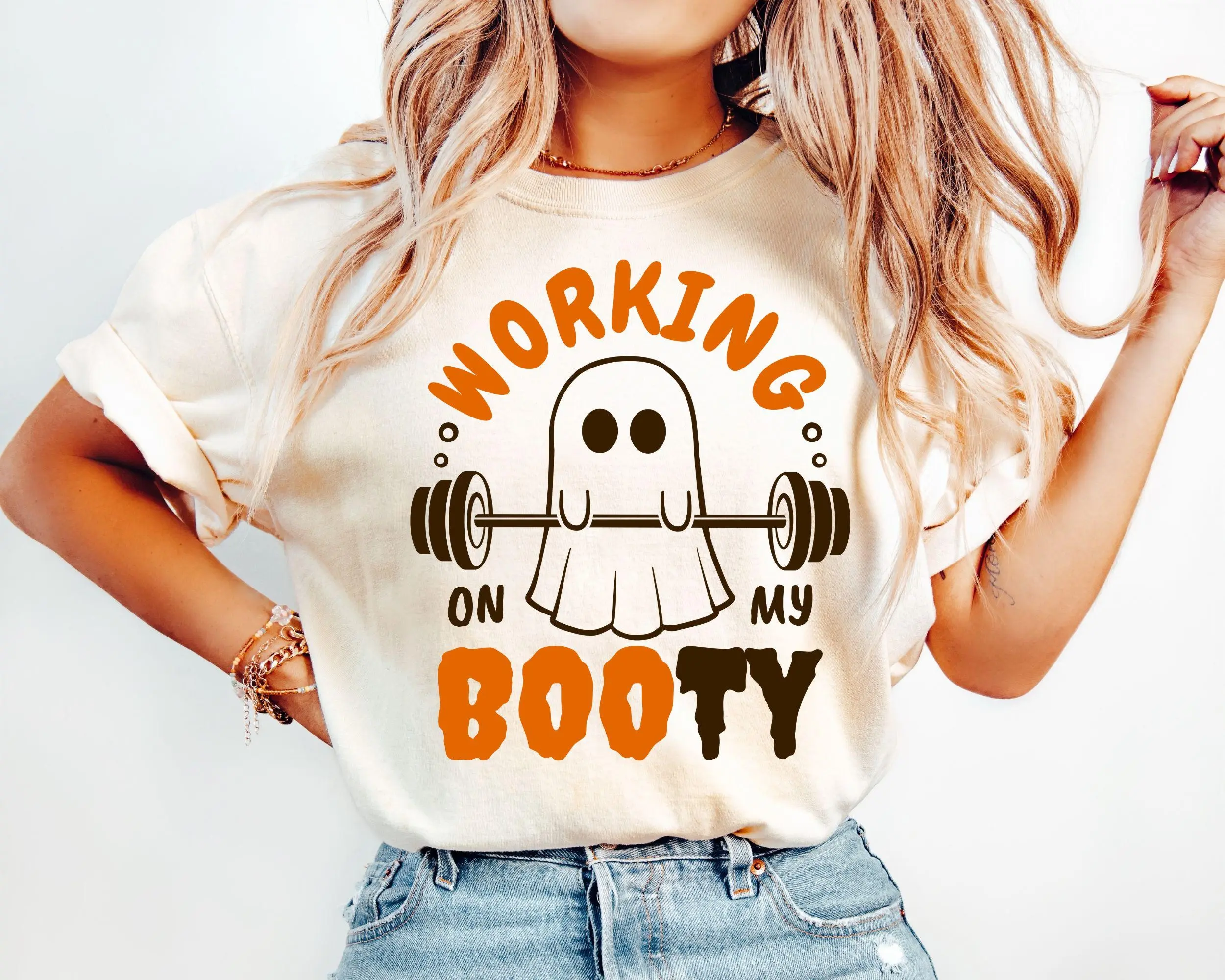 Halloween Ghost Gym Shirt, Working On My Booty Funny Workout Tee, Fitness Motivational Spooky Graphic Top Gift