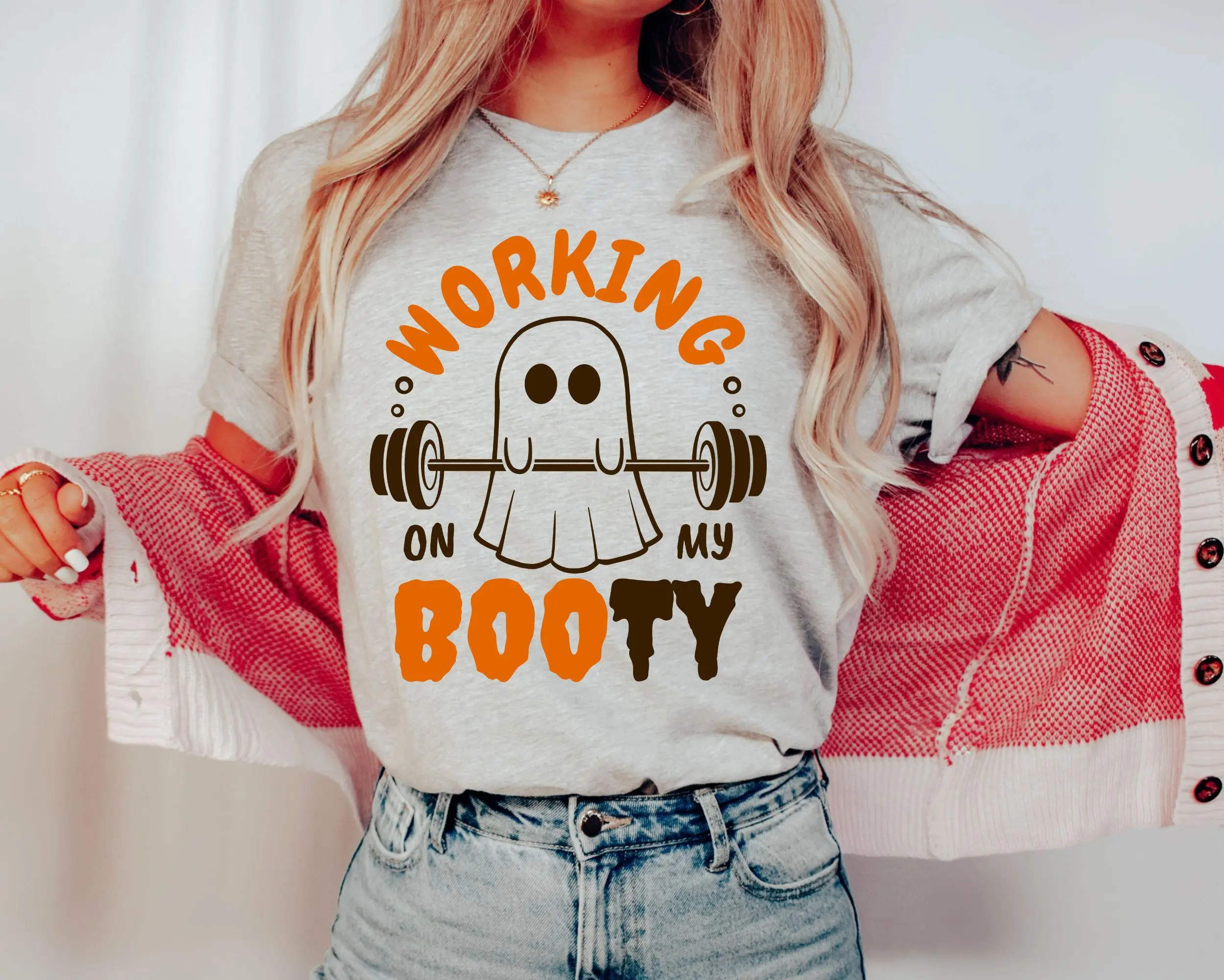 Halloween Ghost Gym Shirt, Working On My Booty Funny Workout Tee, Fitness Motivational Spooky Graphic Top Gift - photo 2
