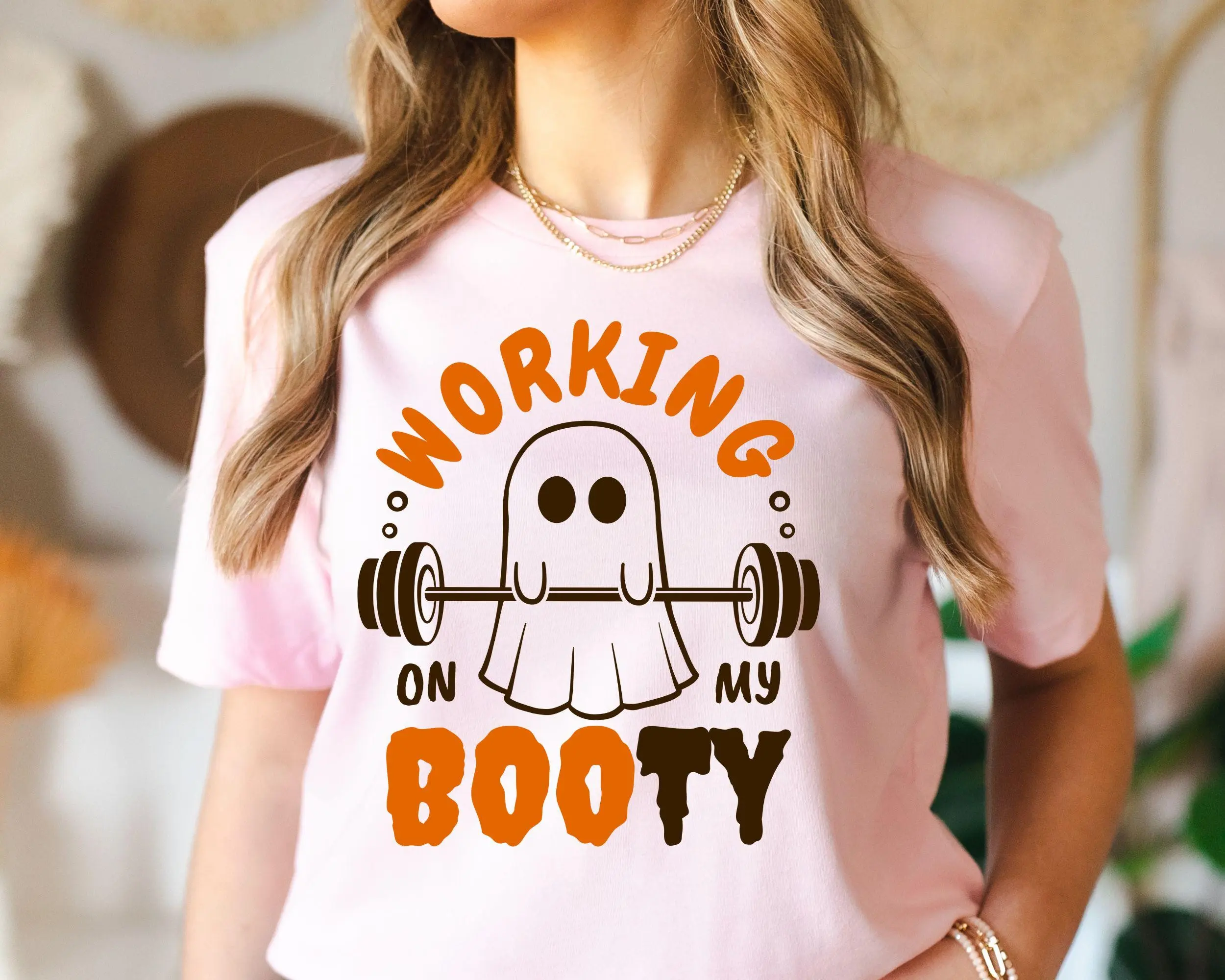 Halloween Ghost Gym Shirt, Working On My Booty Funny Workout Tee, Fitness Motivational Spooky Graphic Top Gift - photo 3