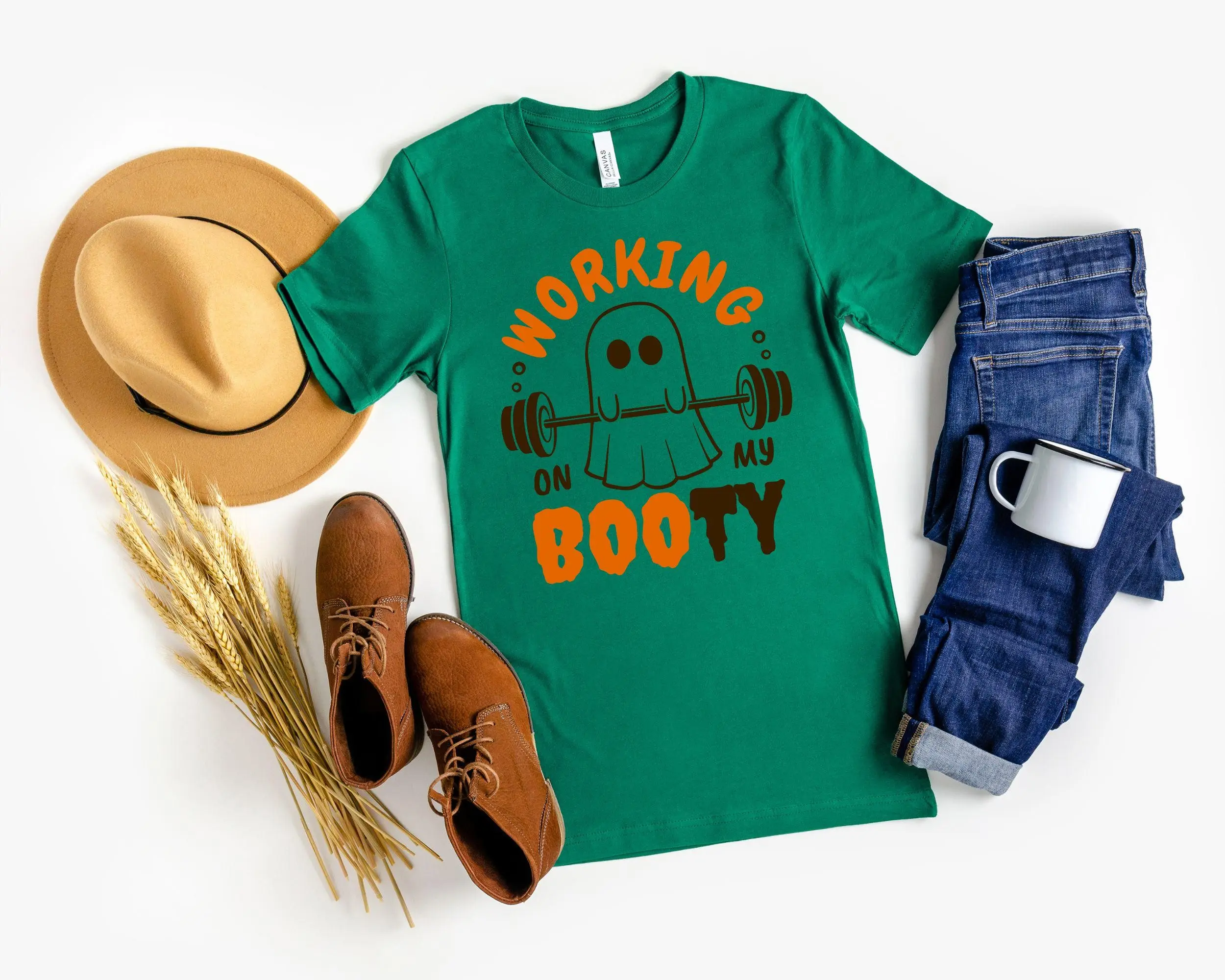 Halloween Ghost Gym Shirt, Working On My Booty Funny Workout Tee, Fitness Motivational Spooky Graphic Top Gift - photo 4