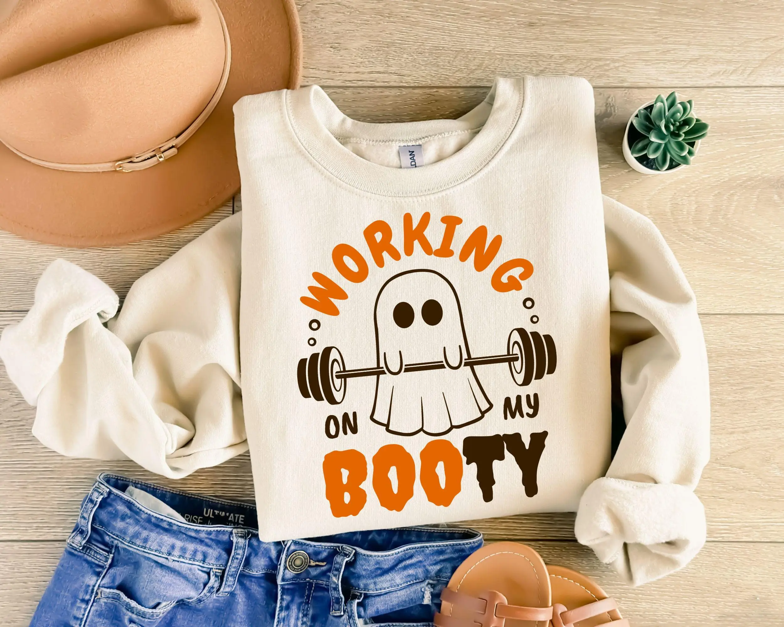 Halloween Ghost Gym Shirt, Working On My Booty Funny Workout Tee, Fitness Motivational Spooky Graphic Top Gift - photo 5