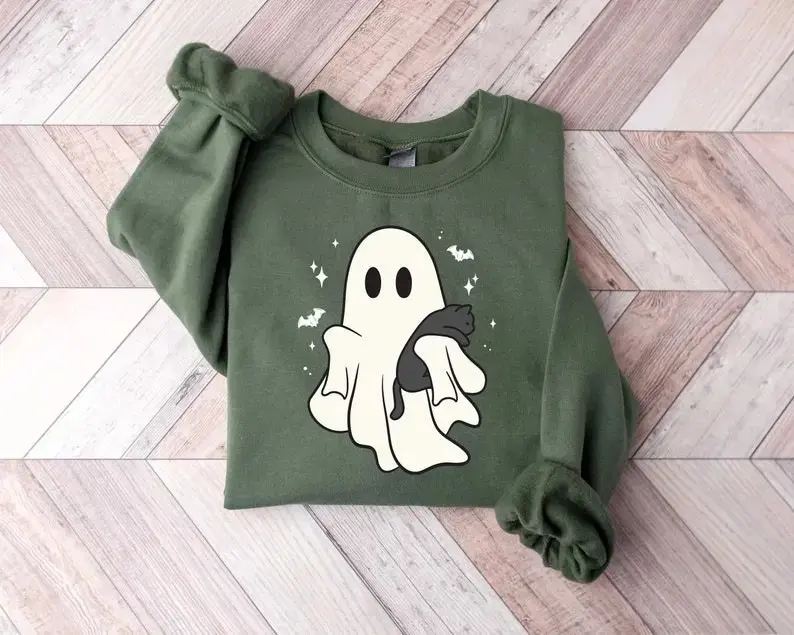 Halloween Ghost Shirt for Women, Black Cat Lover Graphic Tee, Spooky Season Casual Cotton Short Sleeve Comfy Fall Top