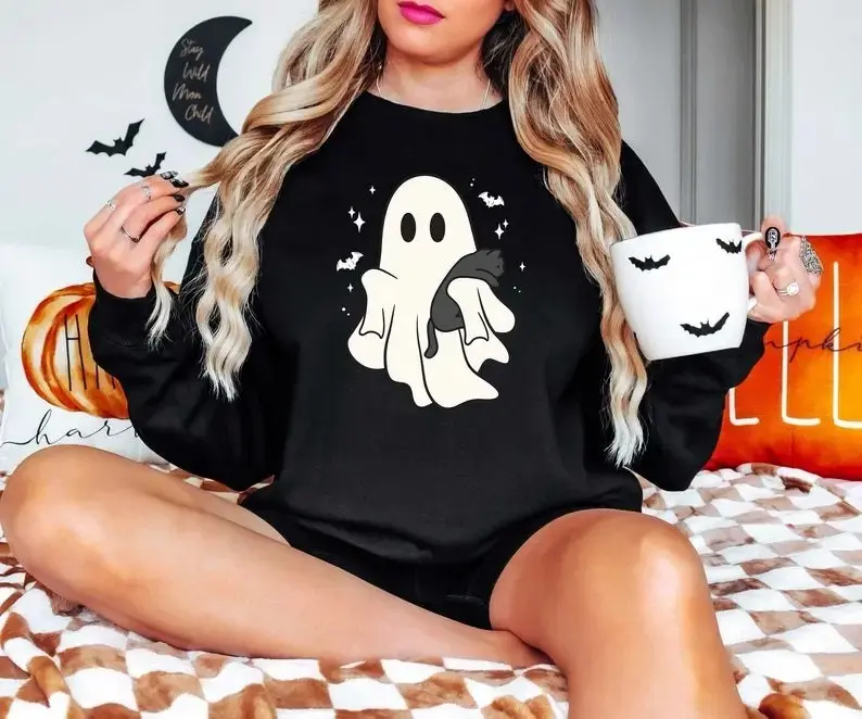 Halloween Ghost Sweatshirt for Women, Black Cat Lover Graphic Crewneck, Spooky Season Casual Cotton Comfy Fall Top - photo 2