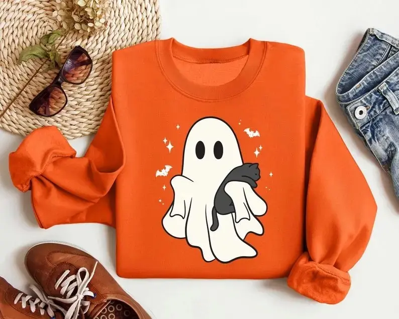 Halloween Ghost Sweatshirt for Women, Black Cat Lover Graphic Crewneck, Spooky Season Casual Cotton Comfy Fall Top - photo 3