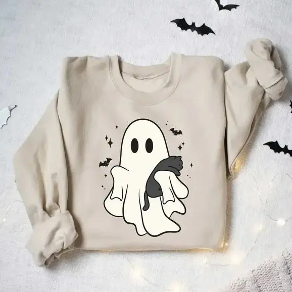 Halloween Ghost Sweatshirt for Women, Black Cat Lover Graphic Crewneck, Spooky Season Casual Cotton Comfy Fall Top - photo 4