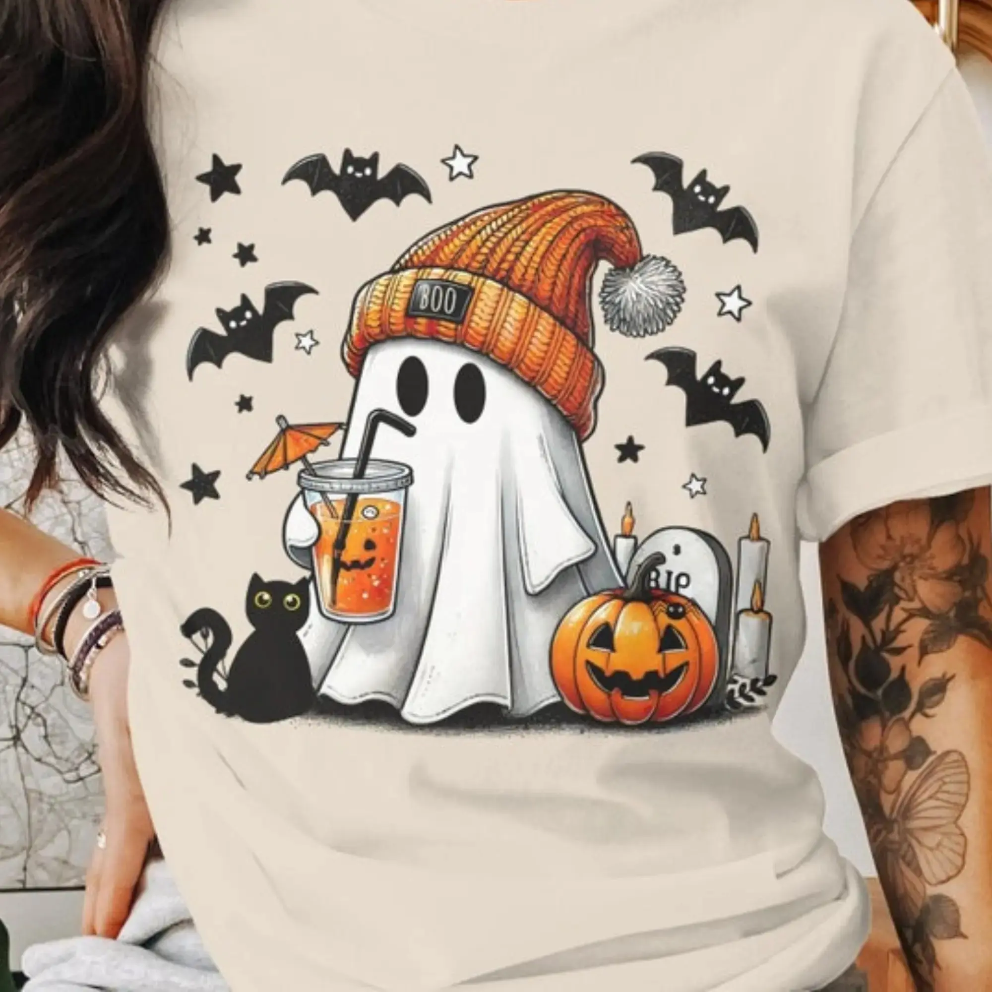 Halloween Ghost T-Shirt for Women, Cute Spooky Season Top, Womens Fall Graphic Tee