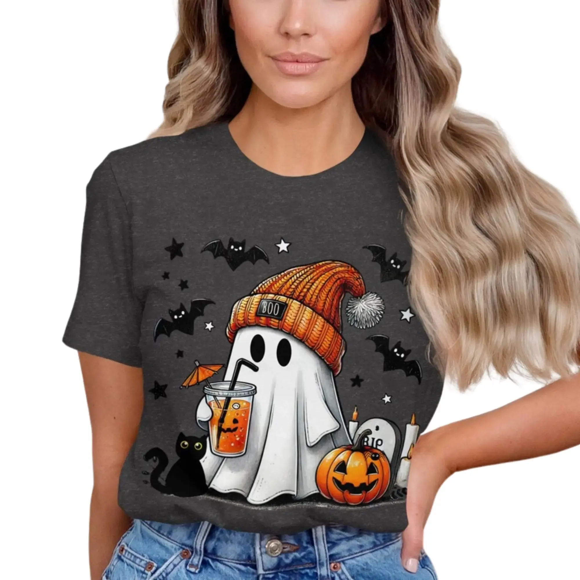 Halloween Ghost T-Shirt for Women, Cute Spooky Season Top, Womens Fall Graphic Tee - photo 2