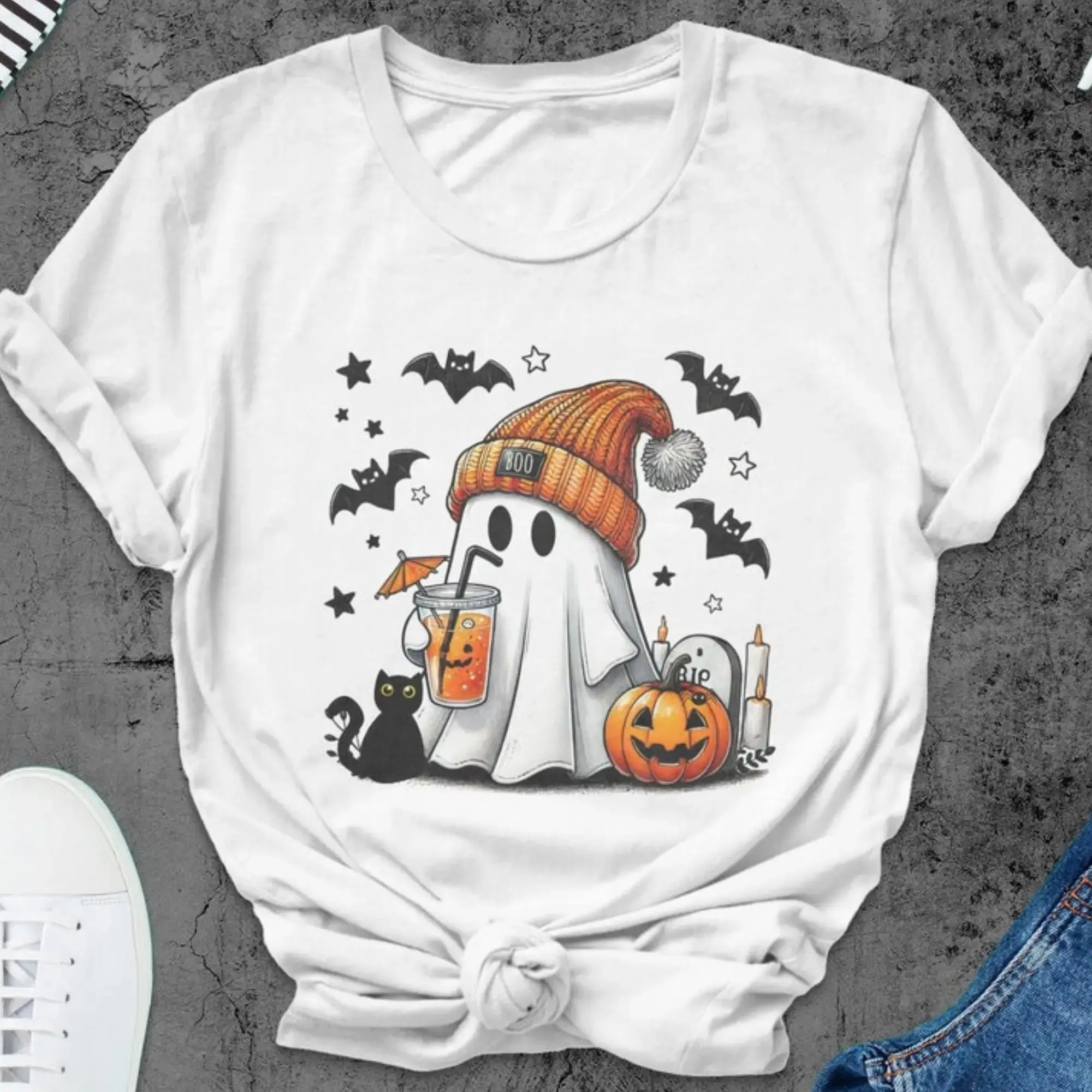 Halloween Ghost T-Shirt for Women, Cute Spooky Season Top, Womens Fall Graphic Tee - photo 4