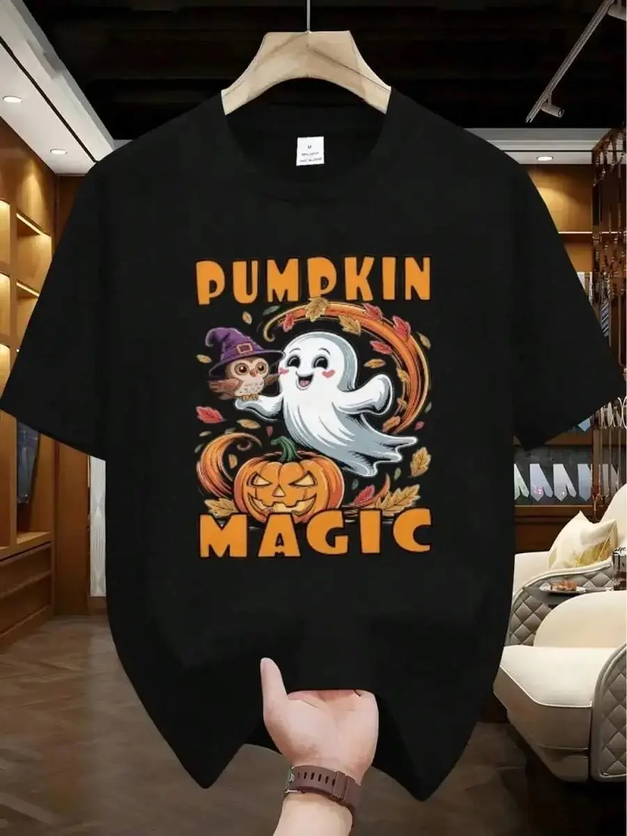 Halloween Ghost T-Shirt, Pumpkin Magic Whimsical Cute Tee, Soft Breathable Machine Washable Casual Graphic Top for Women and Men