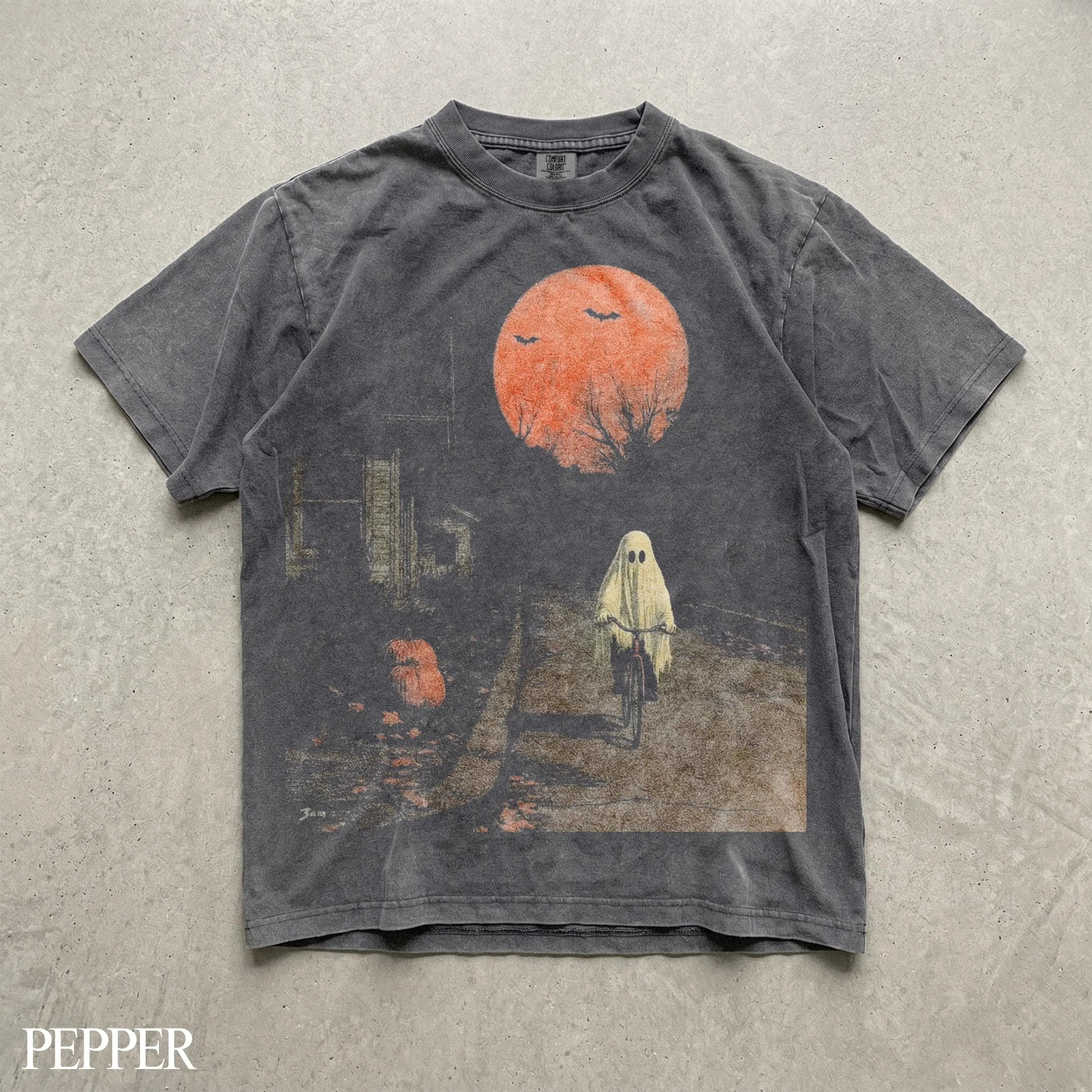 Halloween Ghost Biking T-Shirt, Gothic Vintage Spooky Pumpkin Fall Graphic Tee, Cyclist Gift - photo 2