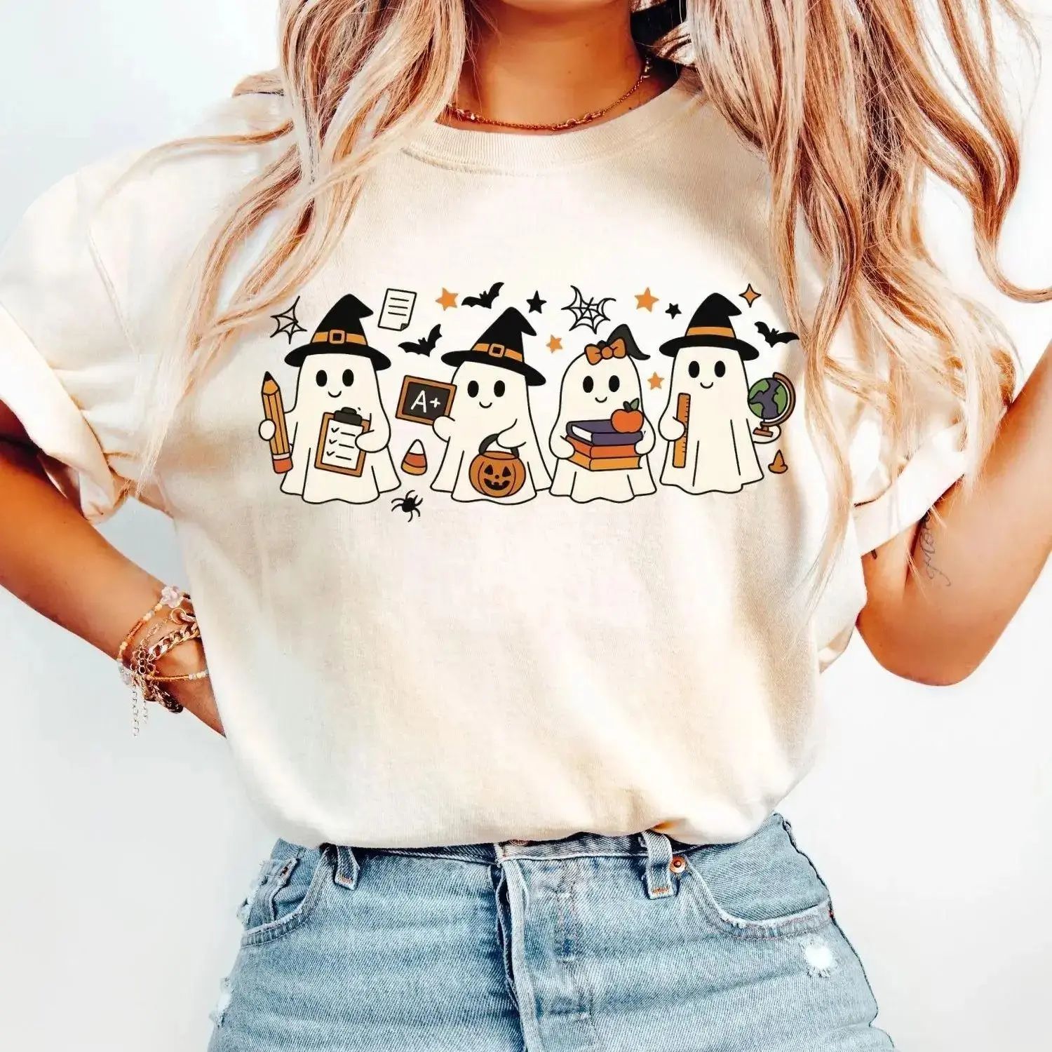 Comfort Colors Halloween Ghost Teacher Shirt, Cute Spooky Fall Graphic Tee Gift for Women