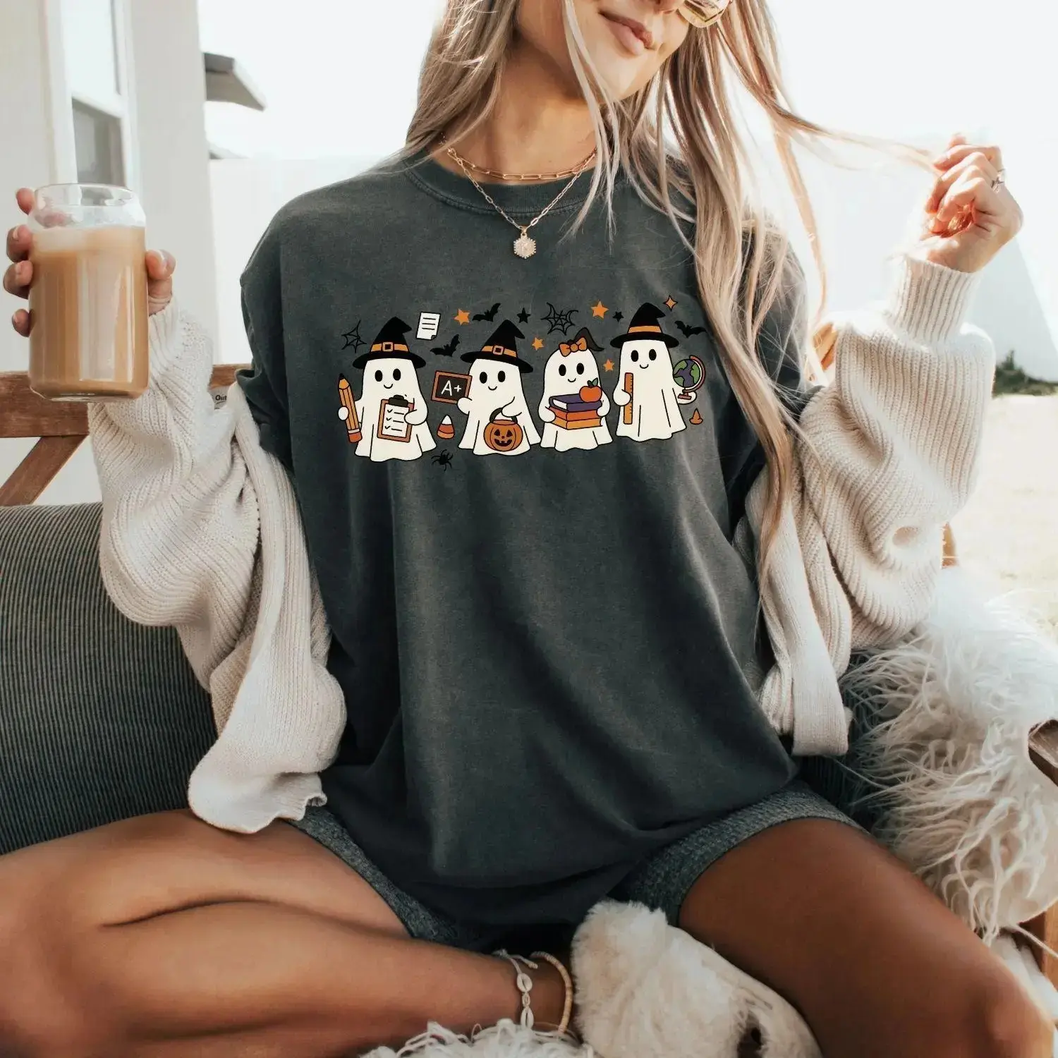 Comfort Colors Halloween Ghost Teacher Shirt, Cute Spooky Fall Graphic Tee Gift for Women - photo 2