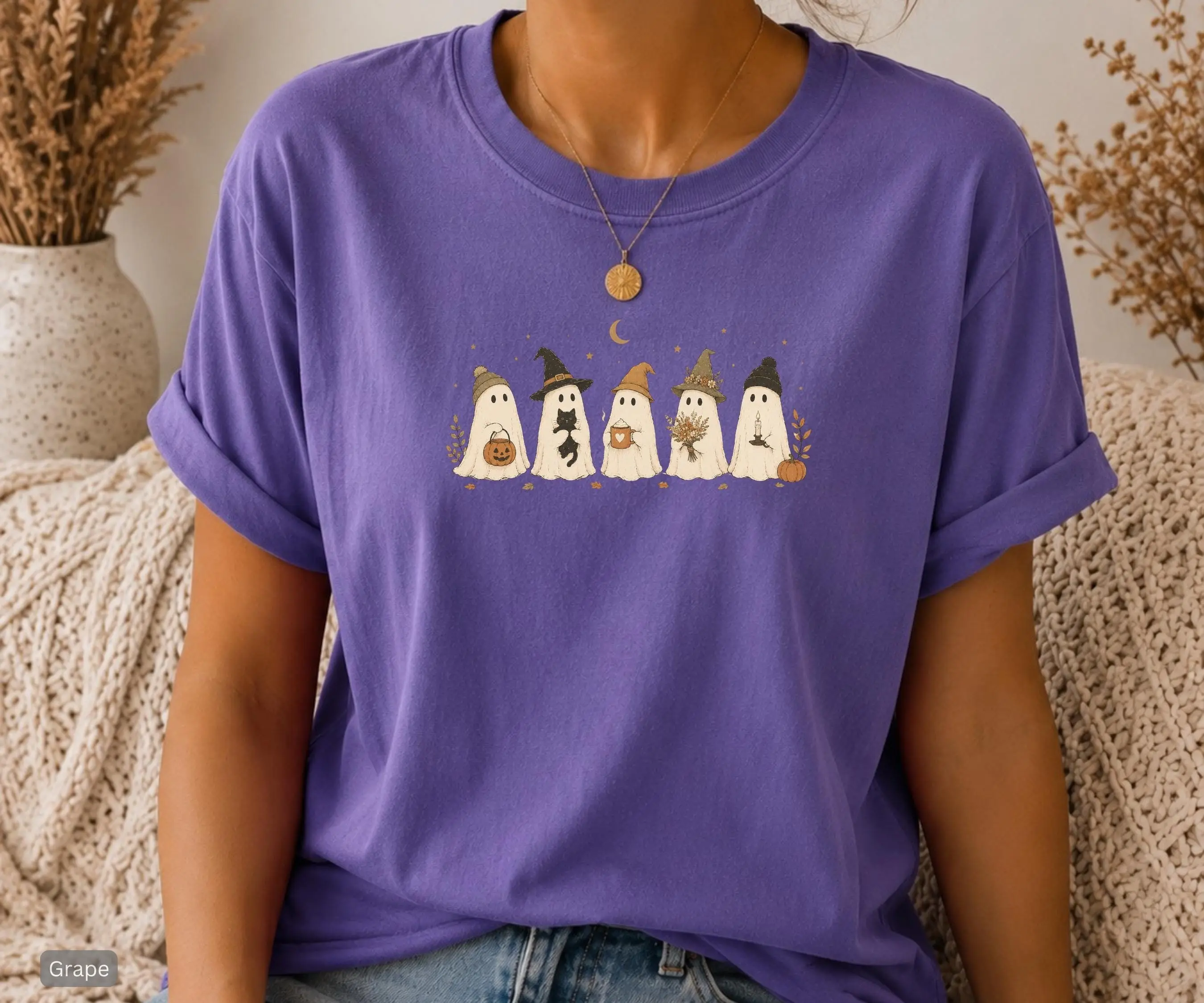 Comfort Colors Halloween Ghosts Shirt for Women, Cute Graphic Short Sleeve Tee, Cozy Autumn Fall Top