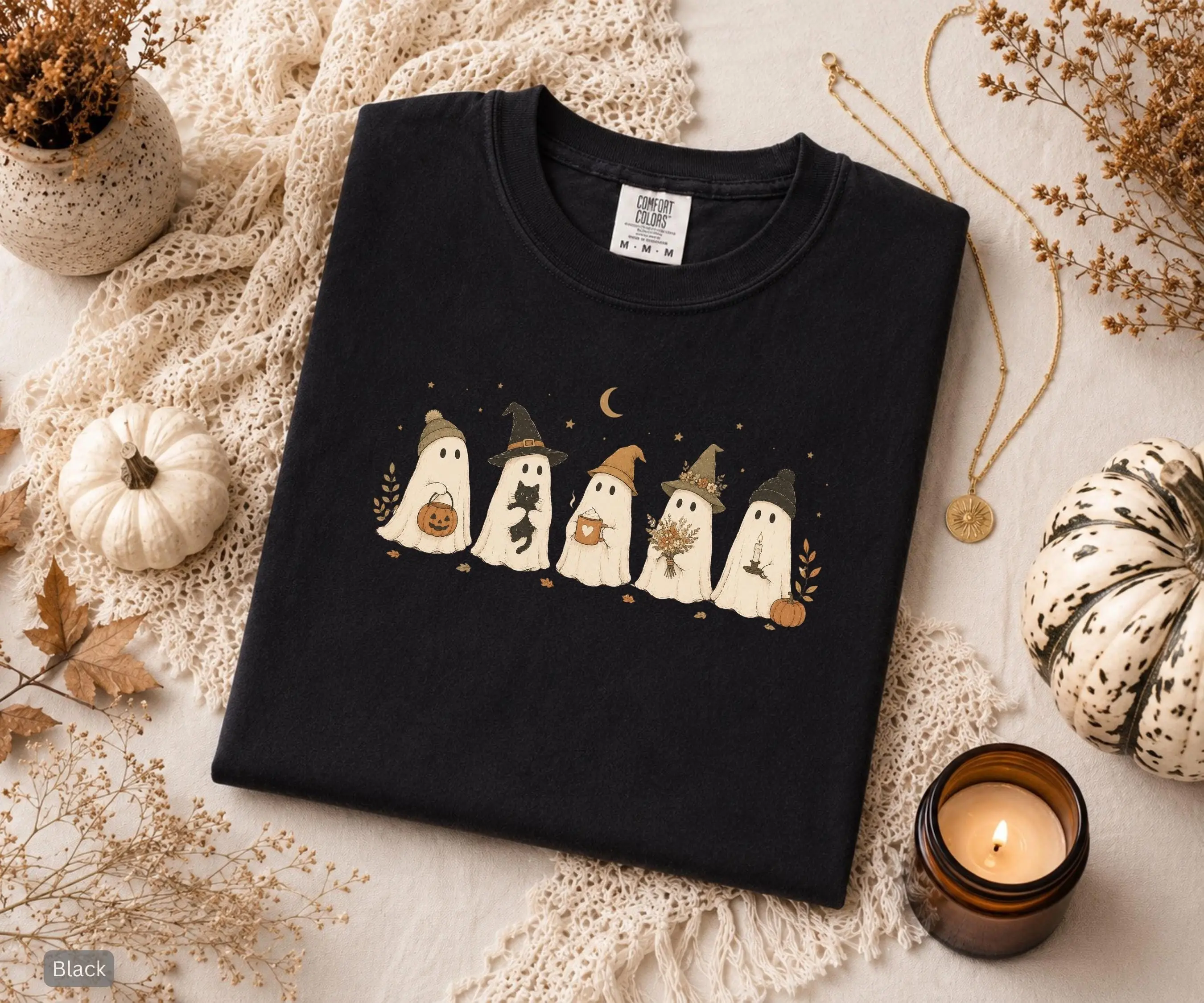 Comfort Colors Halloween Ghosts Shirt for Women, Cute Graphic Short Sleeve Tee, Cozy Autumn Fall Top - photo 3
