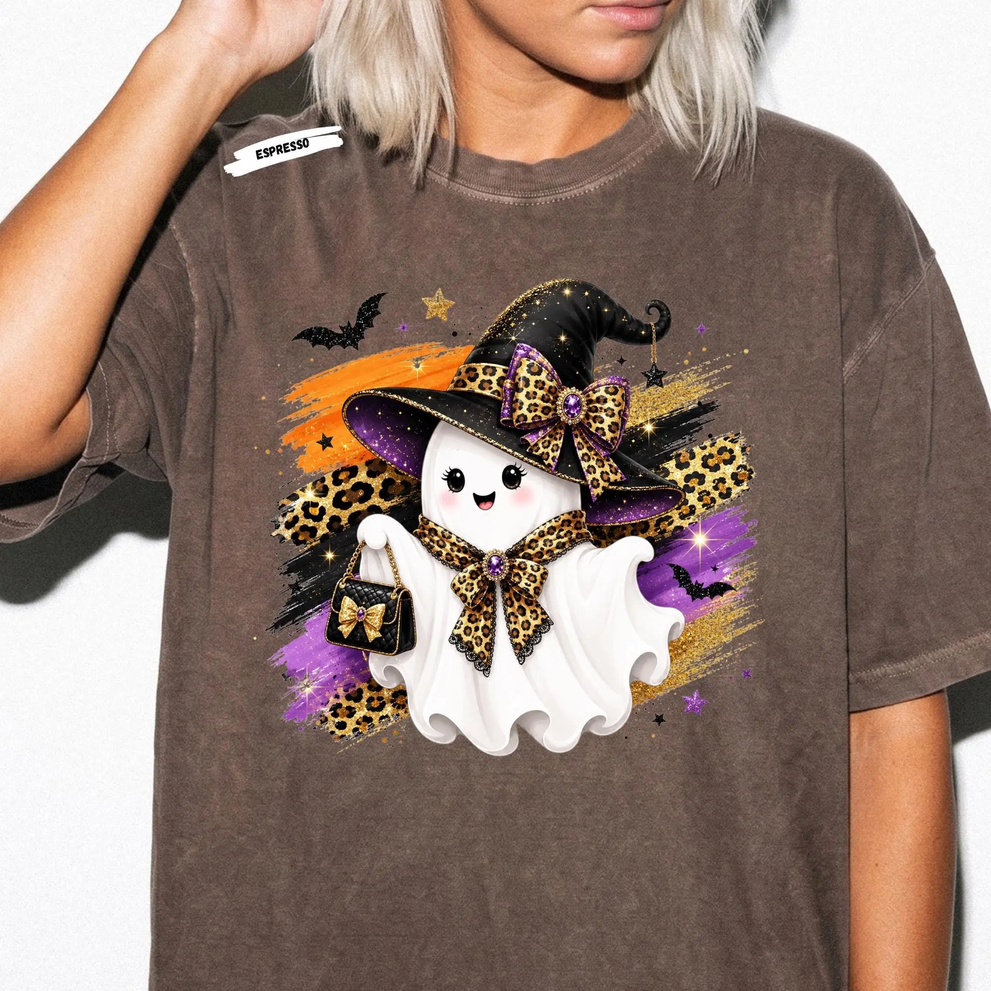 Halloween Girly Leopard Witch Ghost Tee, Glam Boo Spooky Season Graphic Shirt